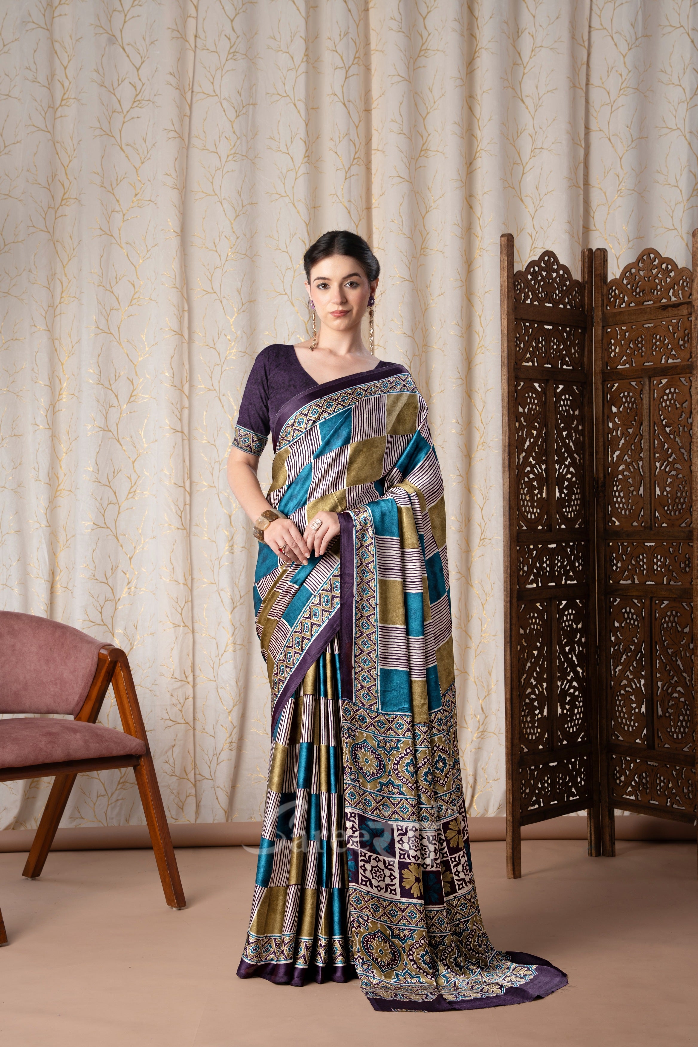 Madhuri Purple Modal Silk Ajrakh Natural Printed Saree