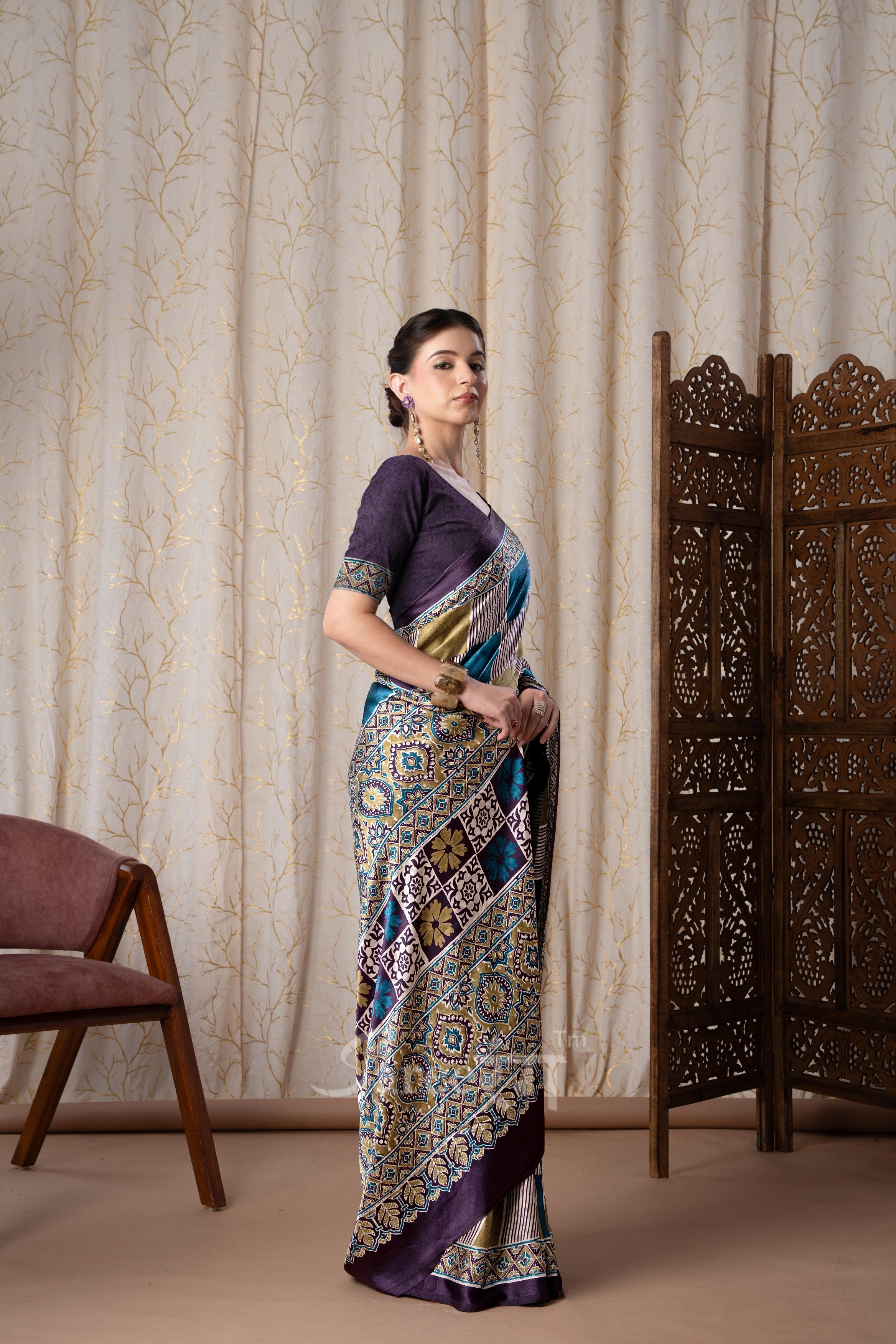 Madhuri Purple Modal Silk Ajrakh Natural Printed Saree