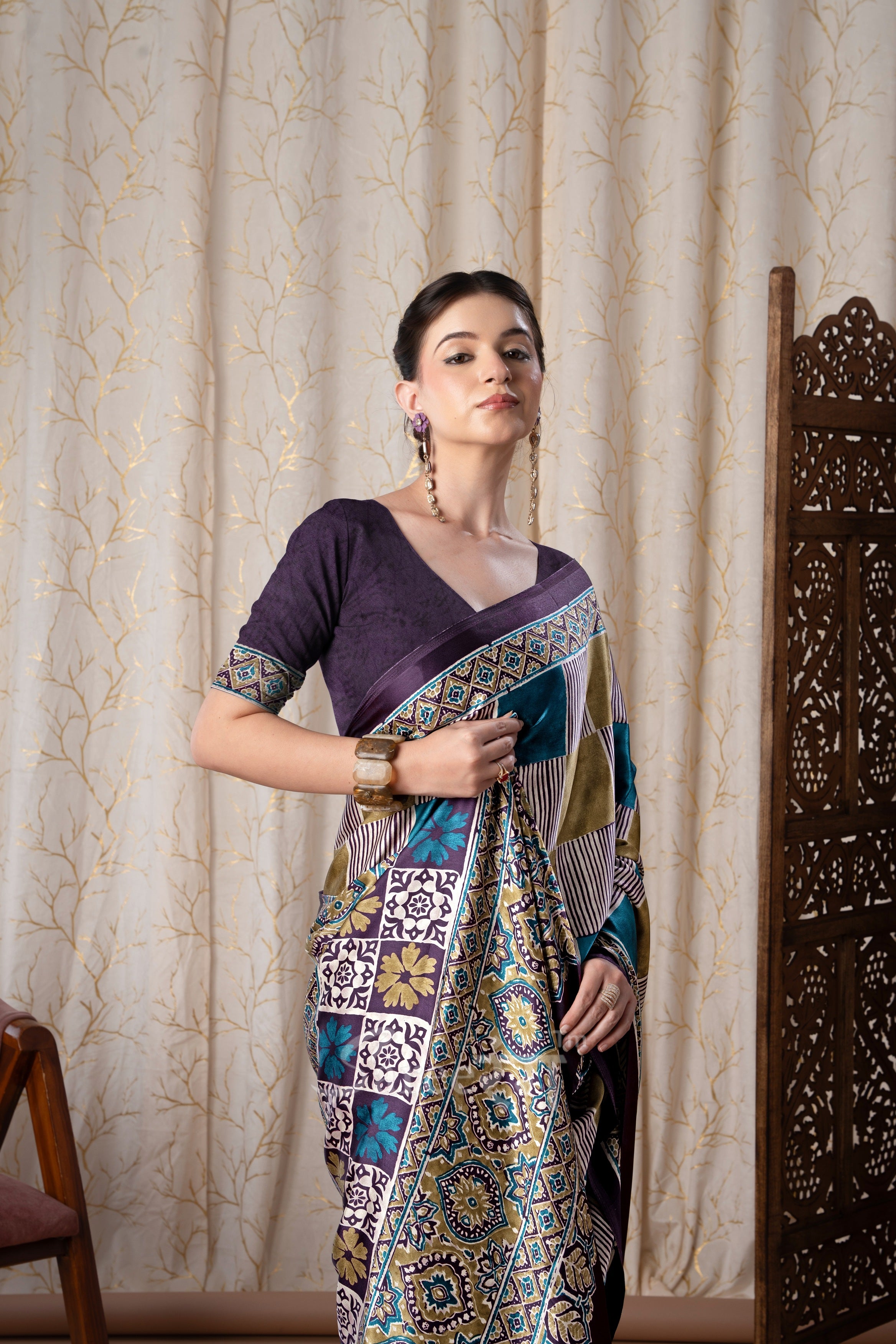 Madhuri Purple Modal Silk Ajrakh Natural Printed Saree