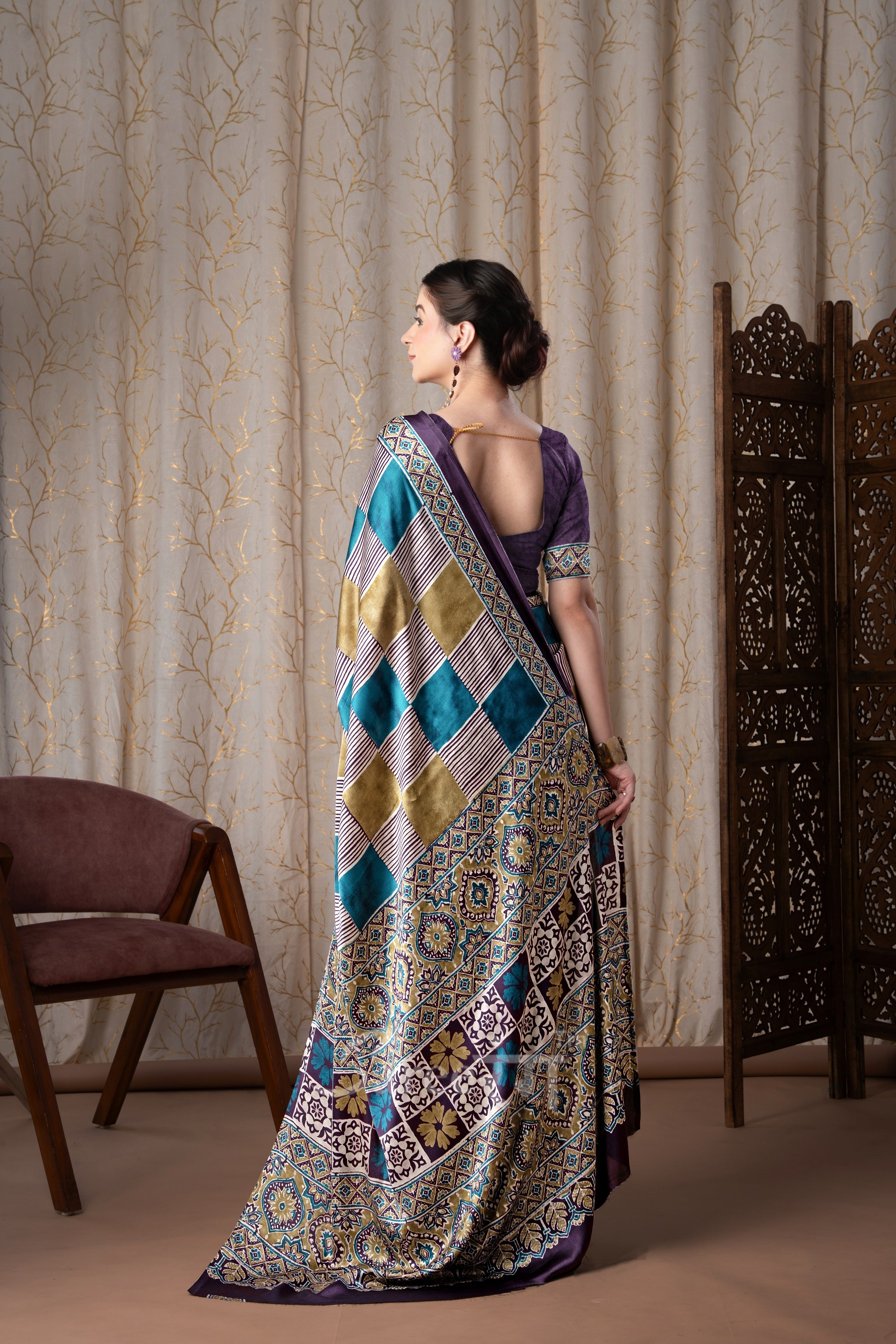 Madhuri Purple Modal Silk Ajrakh Natural Printed Saree