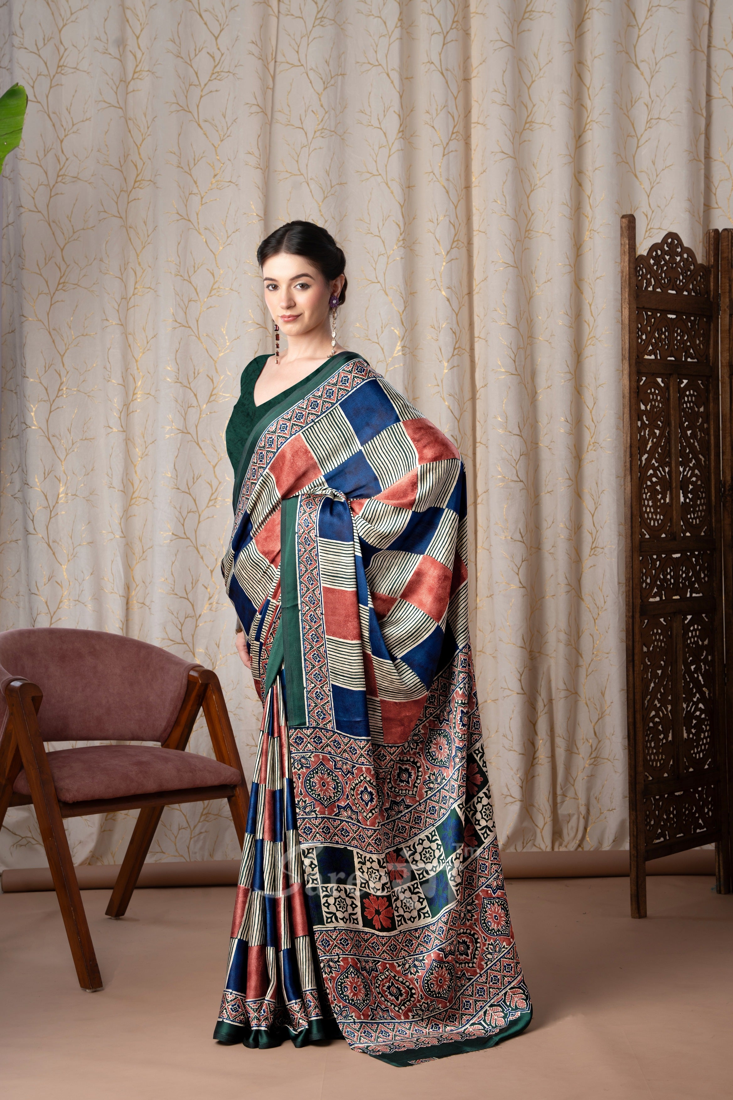 Madhuri Green Modal Silk Ajrakh Natural Printed Saree