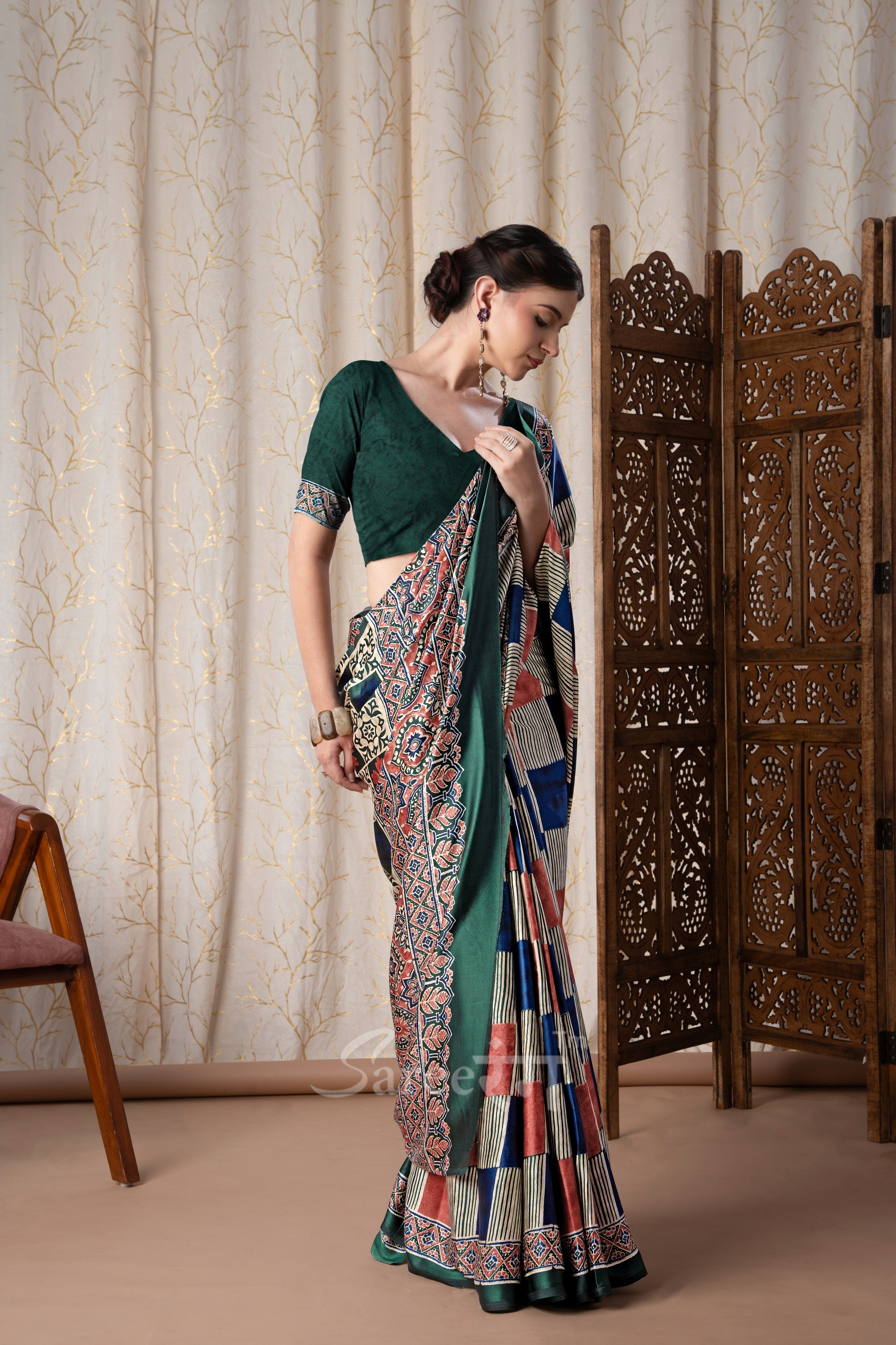 Madhuri Green Modal Silk Ajrakh Natural Printed Saree