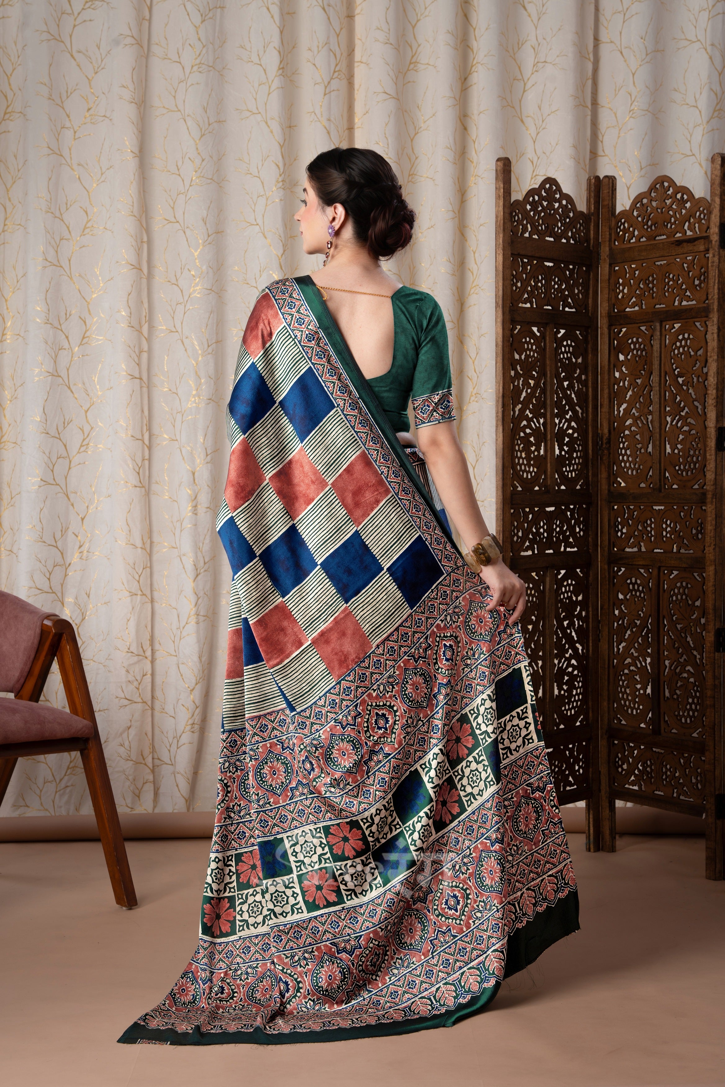 Madhuri Green Modal Silk Ajrakh Natural Printed Saree