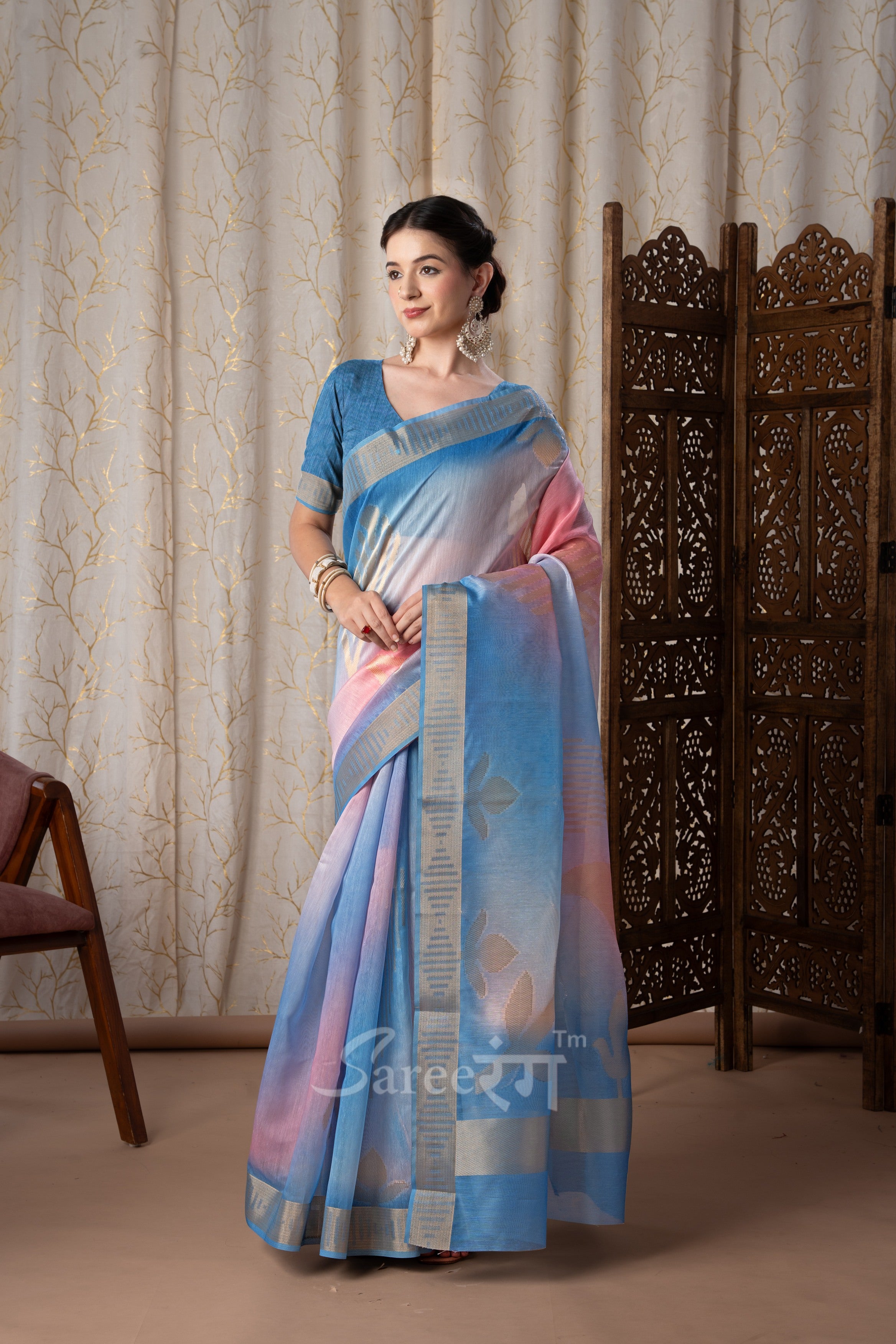 Watermelon Sky Blue Fancy Modal Cotton Silk Printed Saree