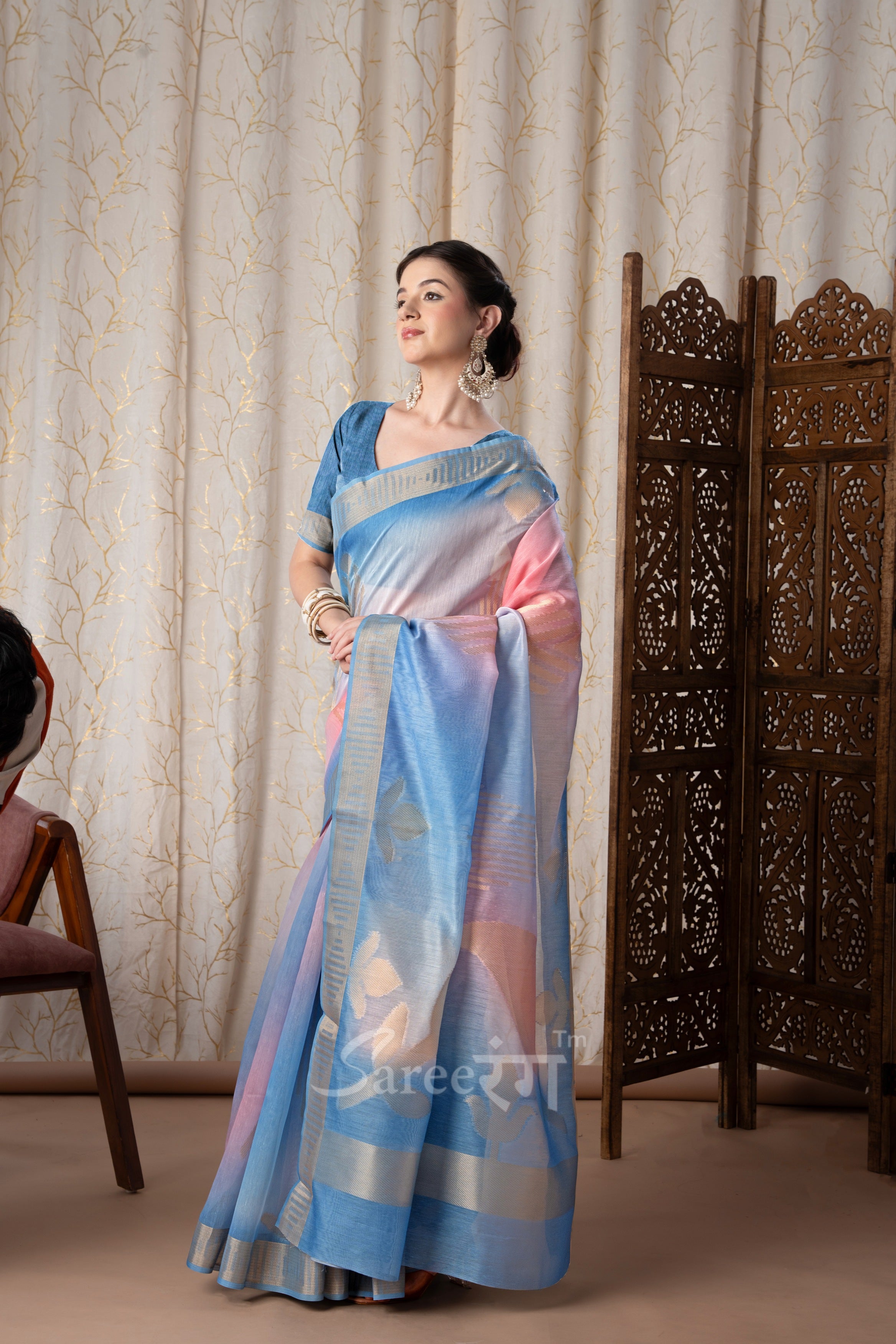 Watermelon Sky Blue Fancy Modal Cotton Silk Printed Saree