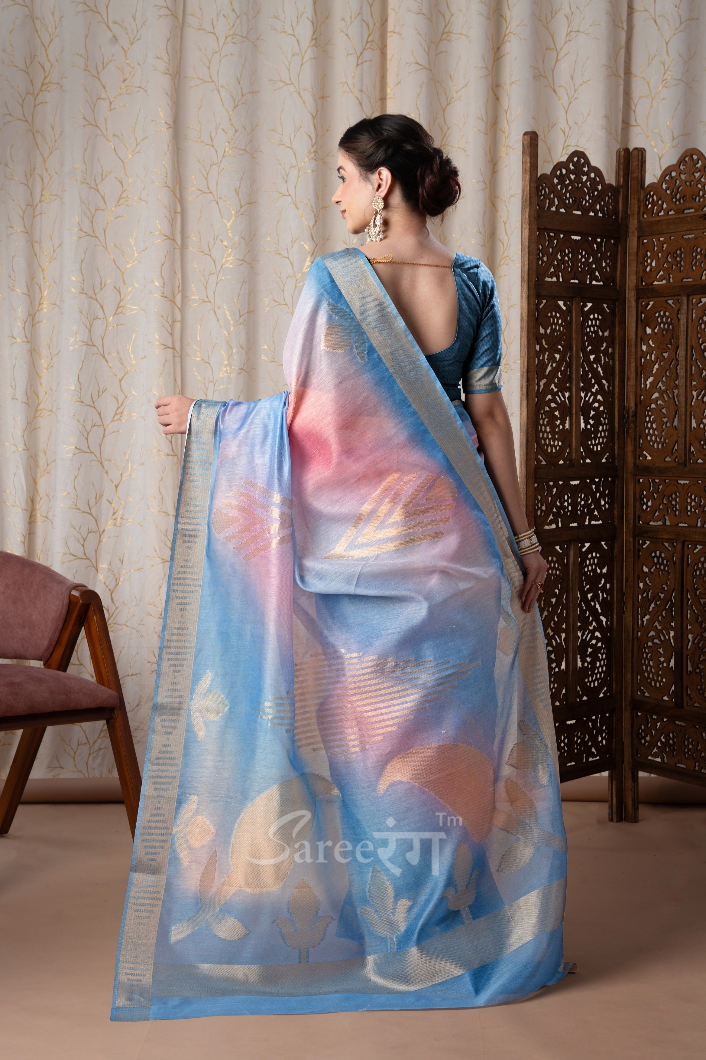 Watermelon Sky Blue Fancy Modal Cotton Silk Printed Saree