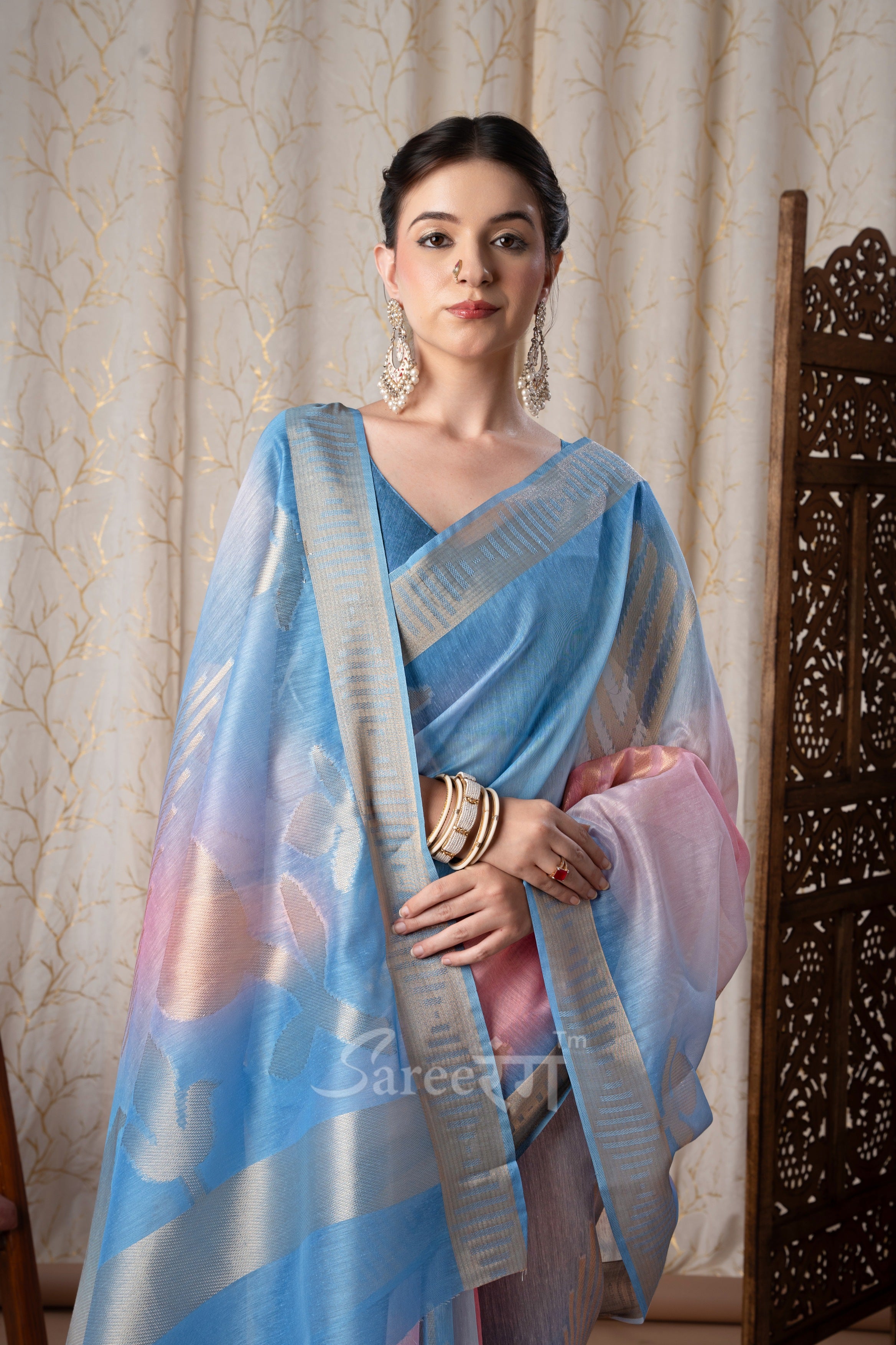 Watermelon Sky Blue Fancy Modal Cotton Silk Printed Saree