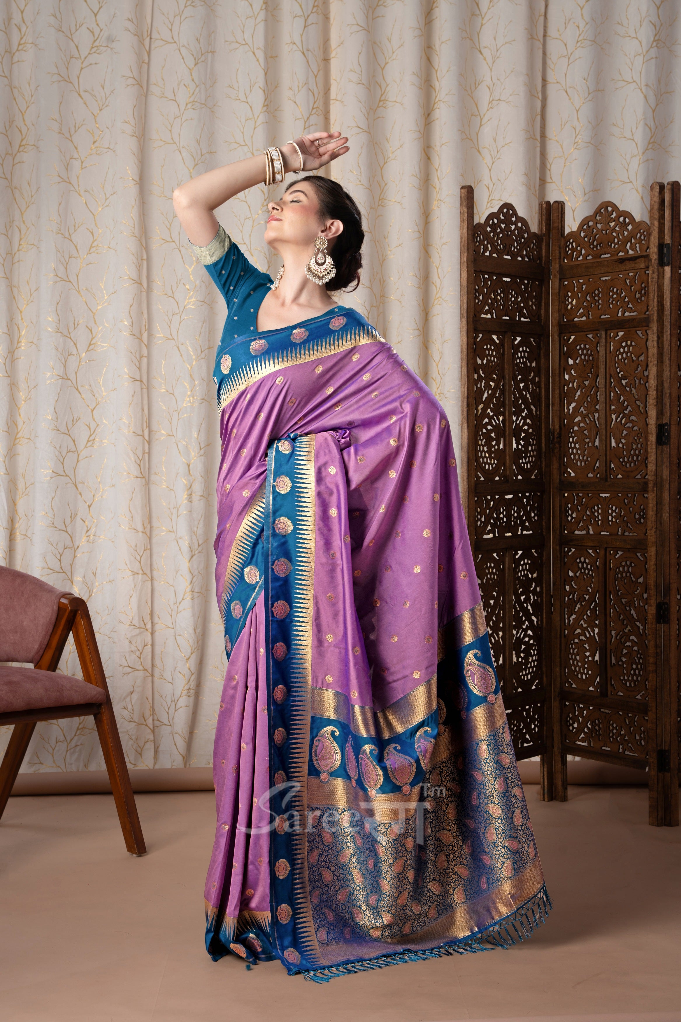 Cherry Lavender Pure Soft Banarasi Silk Weaving Saree