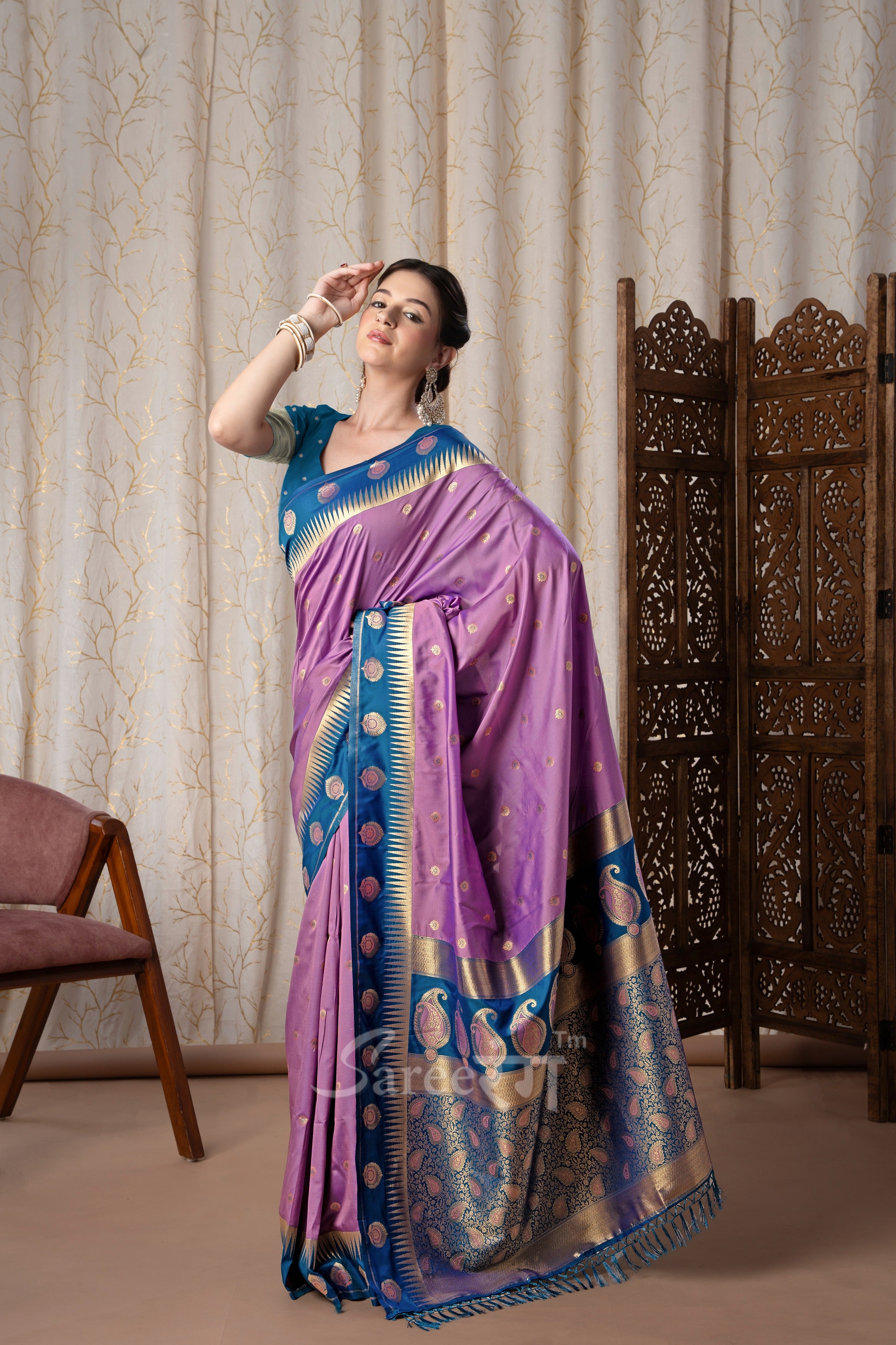 Cherry Lavender Pure Soft Banarasi Silk Weaving Saree
