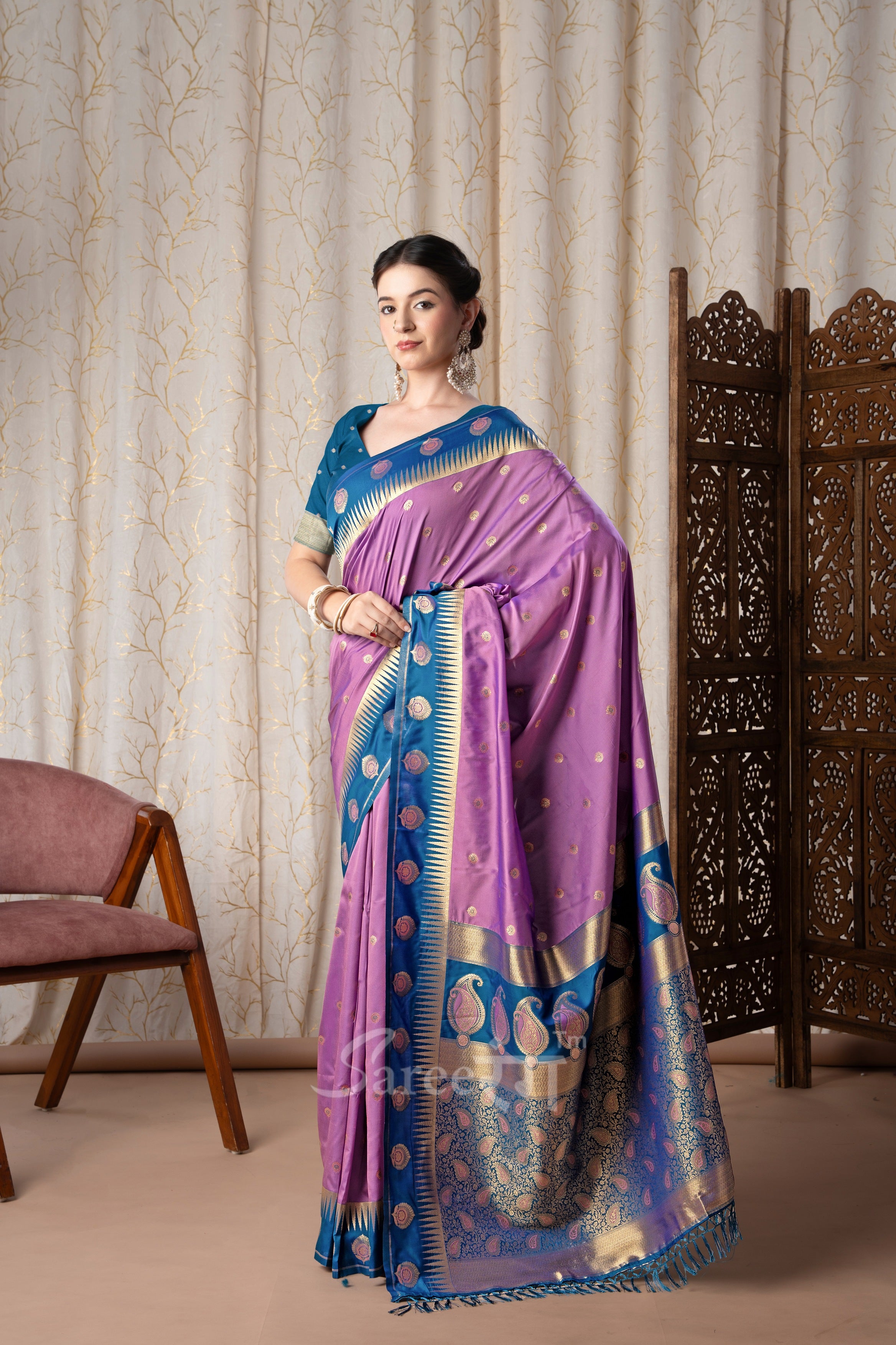 Cherry Lavender Pure Soft Banarasi Silk Weaving Saree