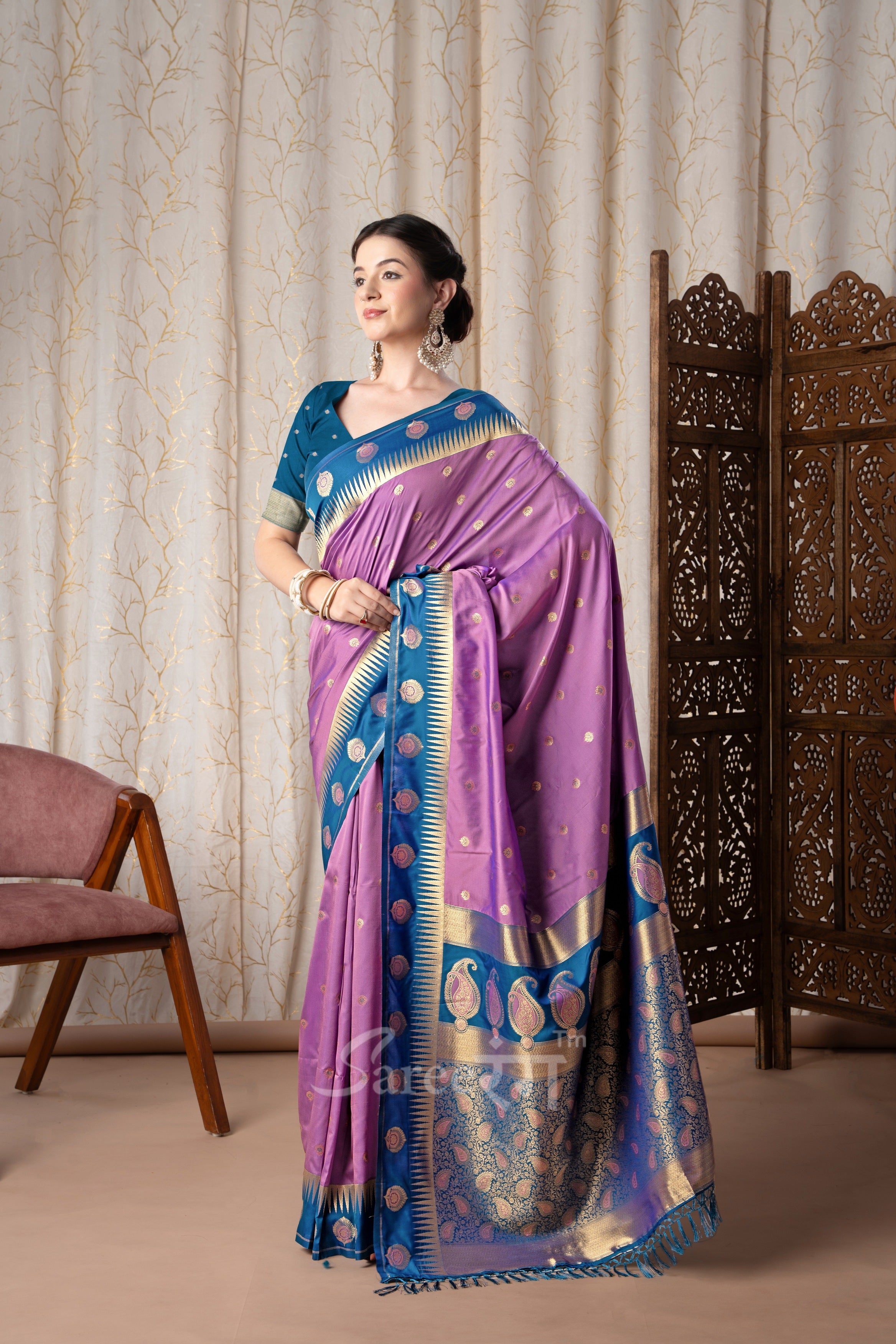 Cherry Lavender Pure Soft Banarasi Silk Weaving Saree