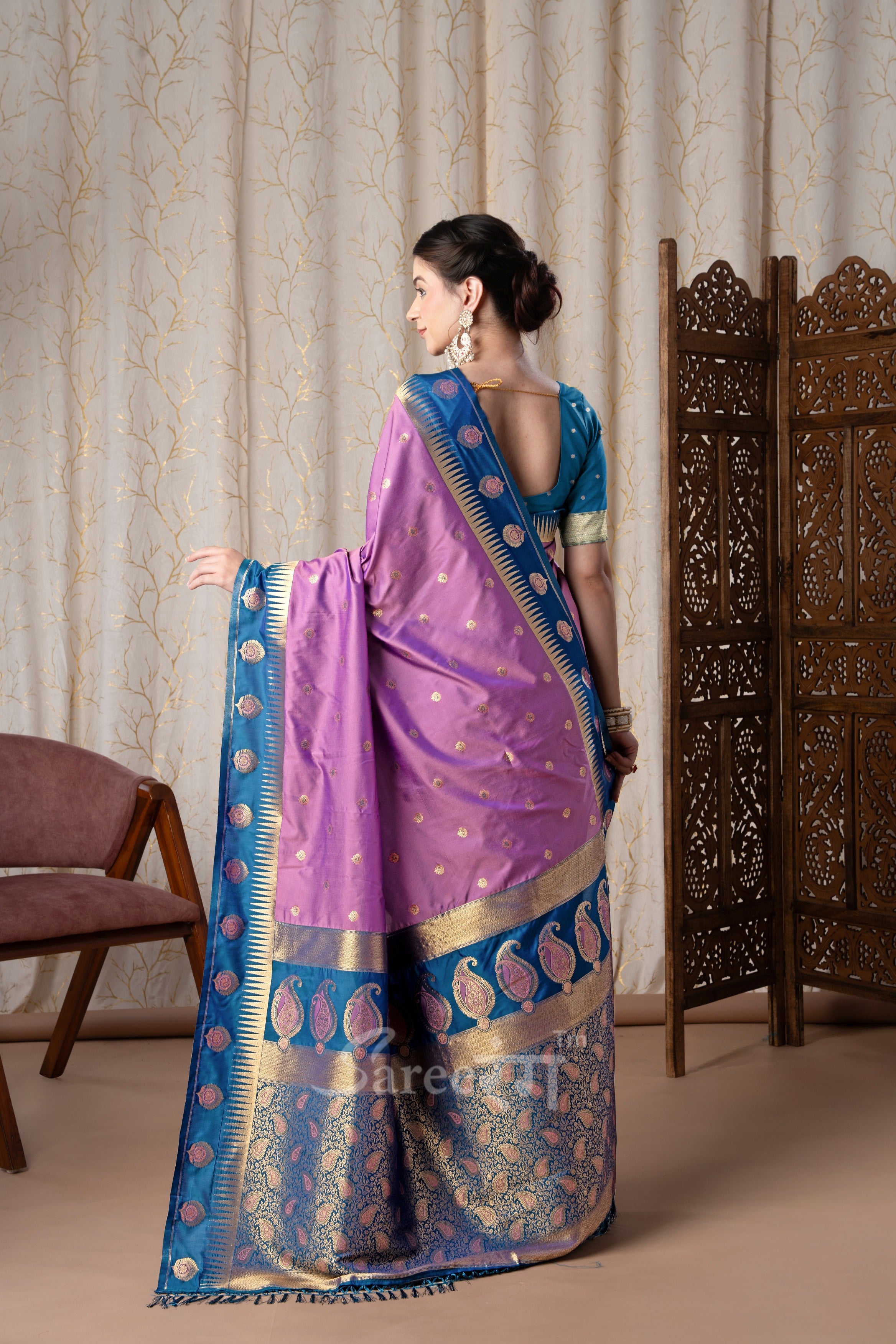 Cherry Lavender Pure Soft Banarasi Silk Weaving Saree