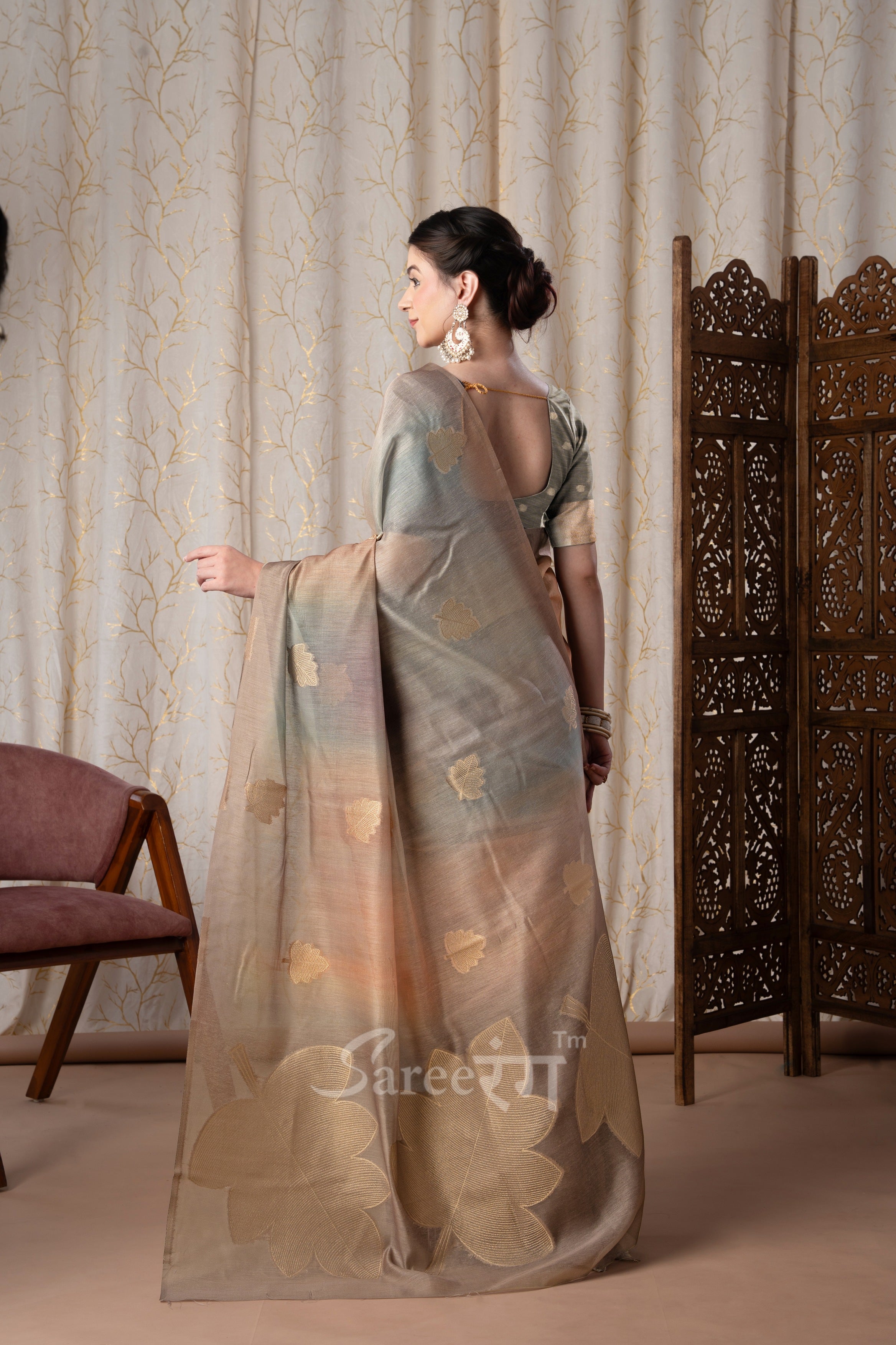 Asopalava Beige Pure Handloom Khadi silk Printed Saree