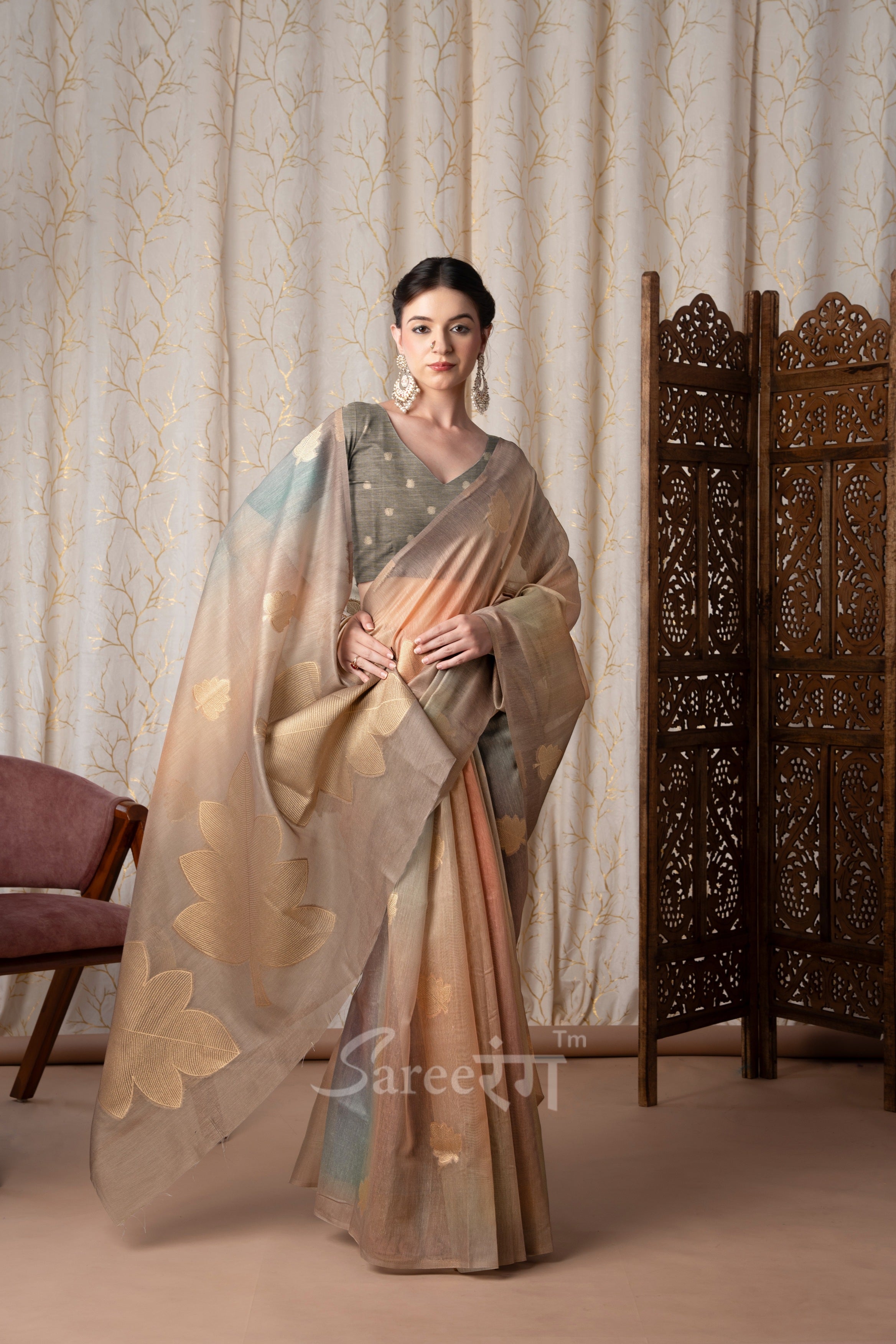 Asopalava Beige Pure Handloom Khadi silk Printed Saree