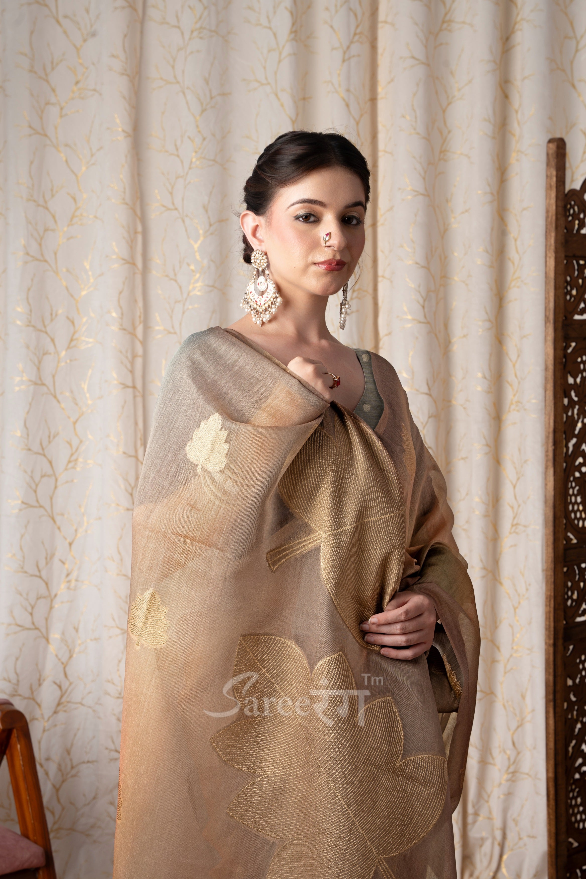 Asopalava Beige Pure Handloom Khadi silk Printed Saree