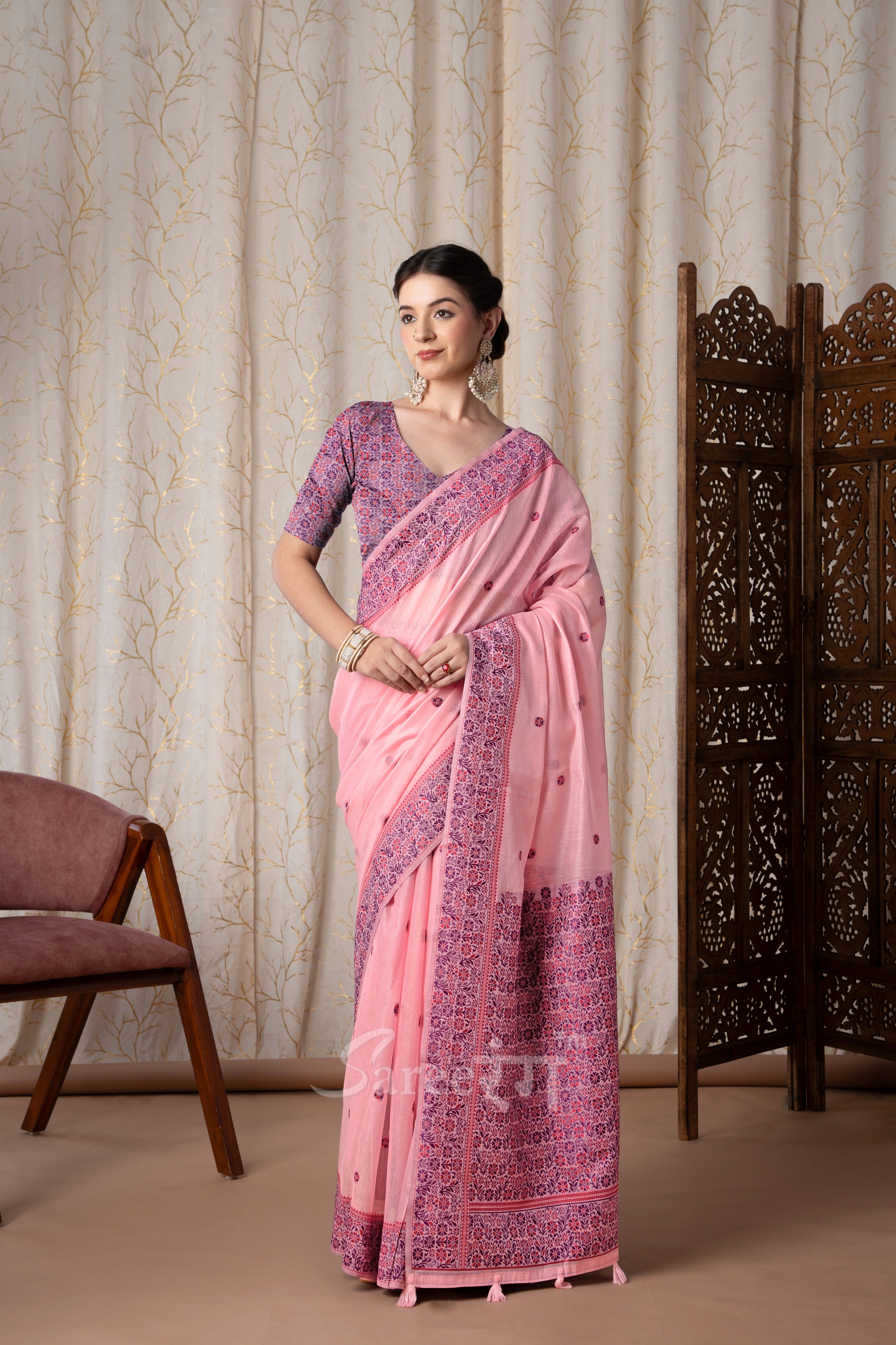 Prajanya Pink Pure Linen Silk Woven Saree