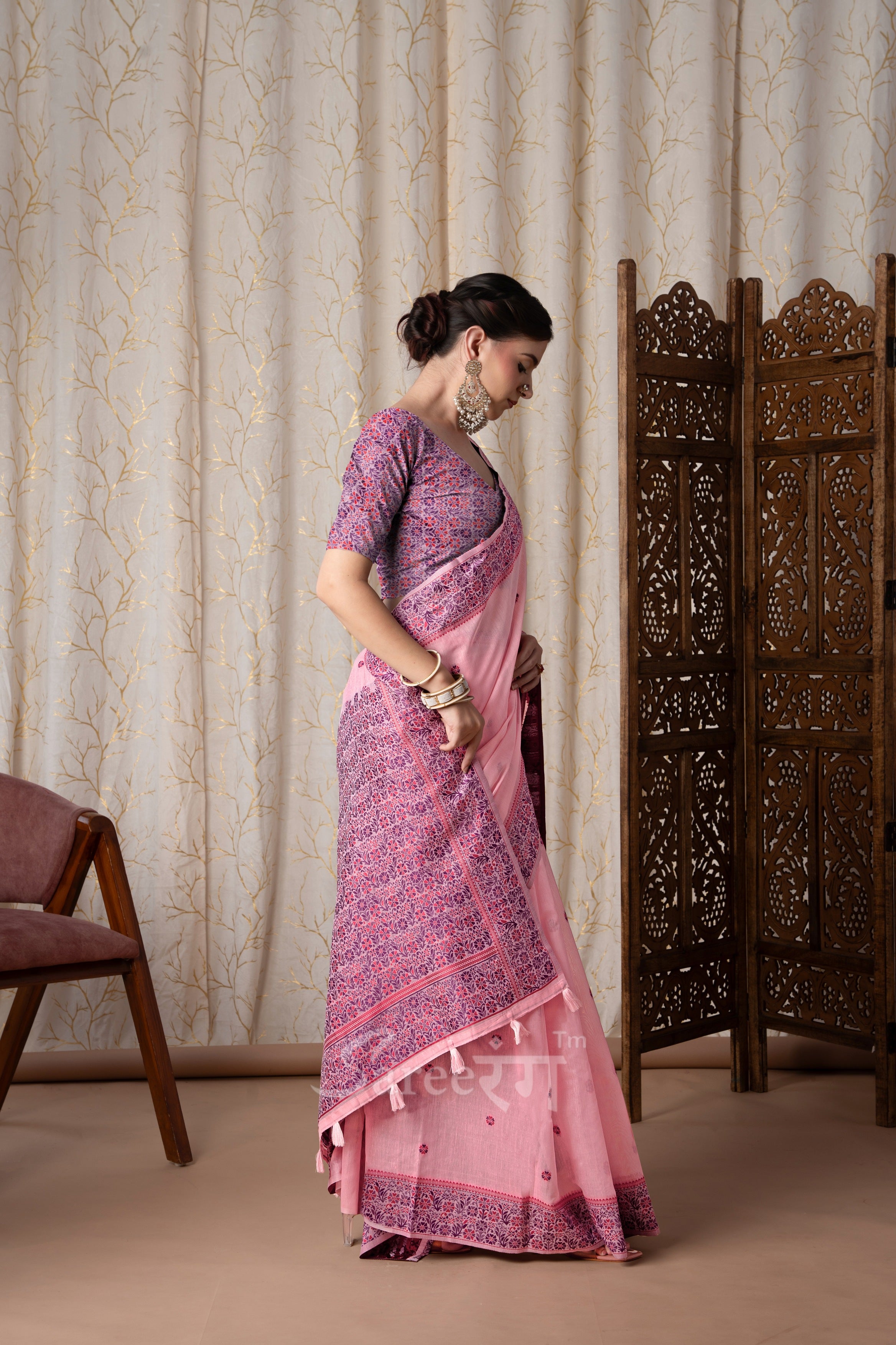Prajanya Pink Pure Linen Silk Woven Saree