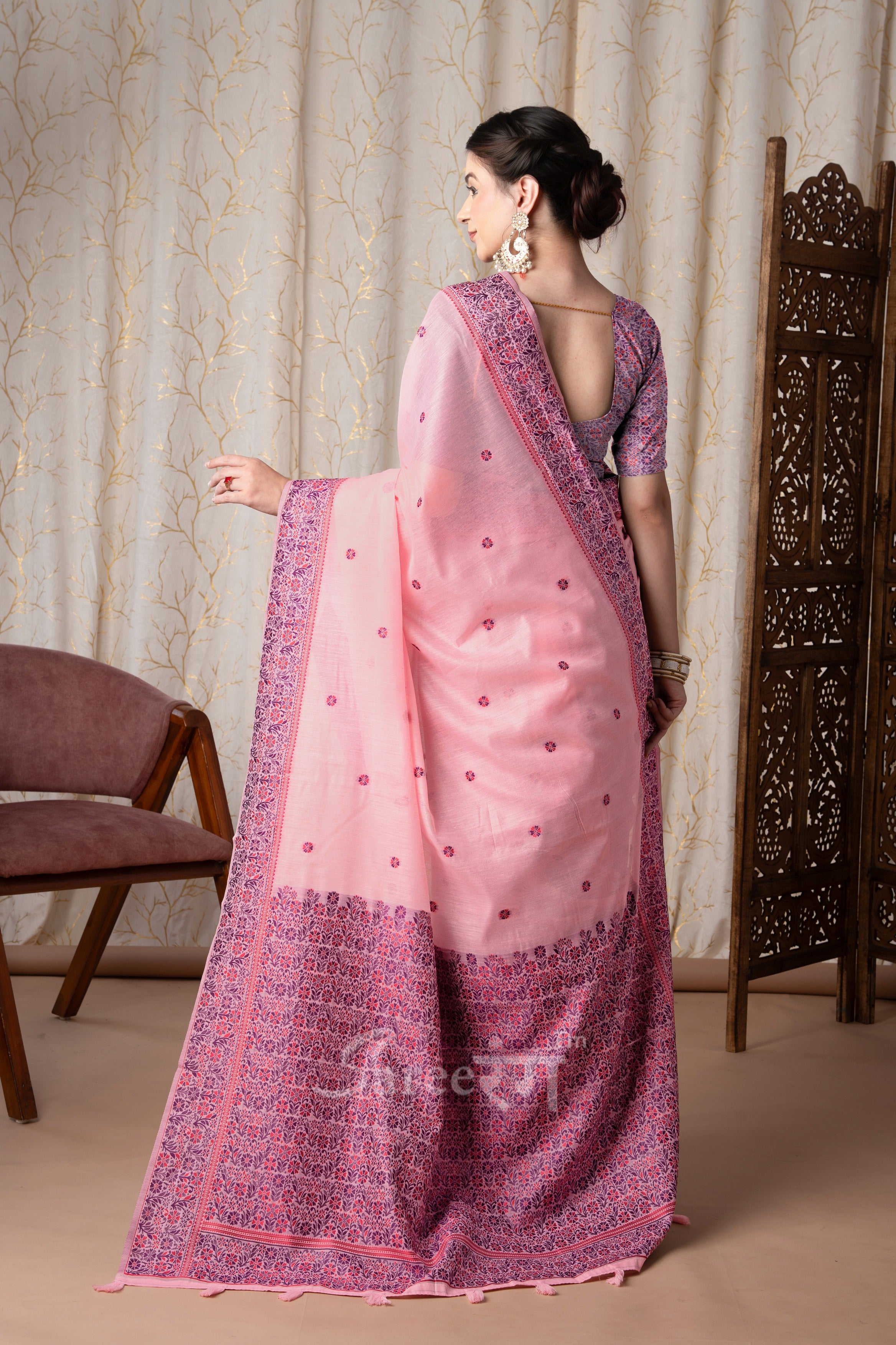 Prajanya Pink Pure Linen Silk Woven Saree