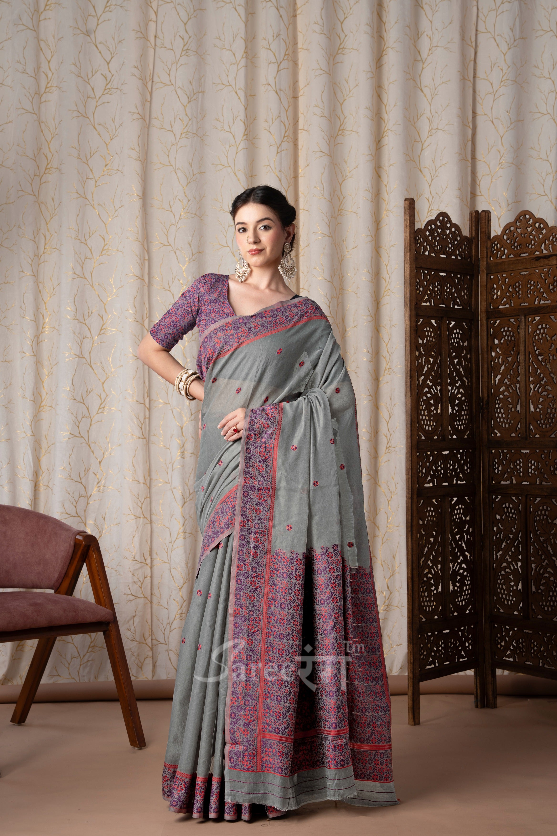 Prajanya Grey Pure Linen Silk Woven Saree