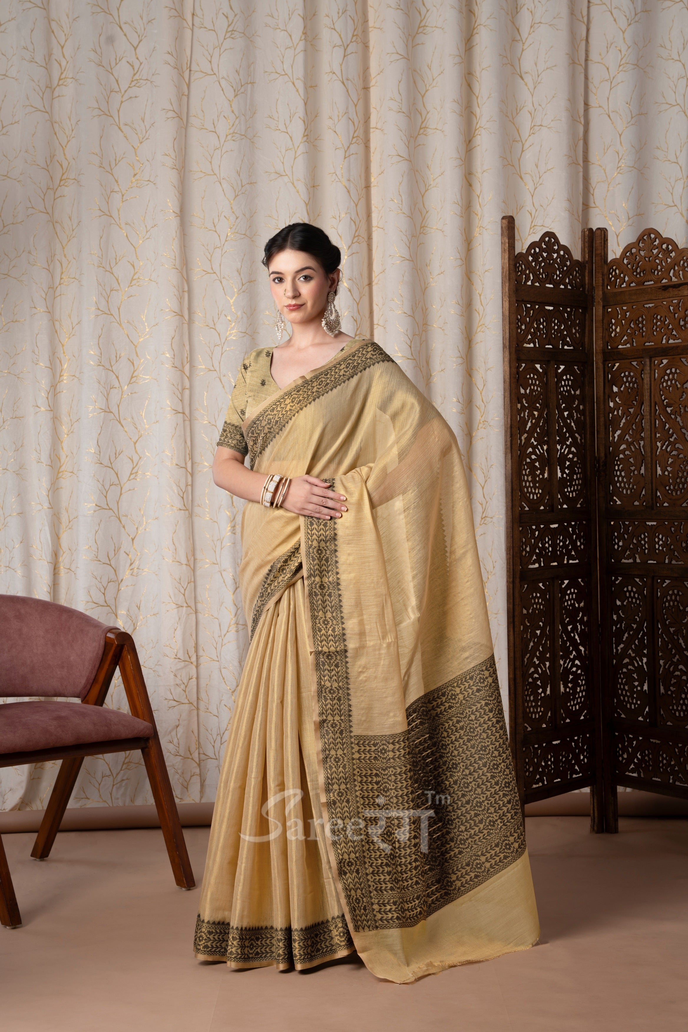 BlackBerry Cream Pure Linen Tissue Silk Woven Saree