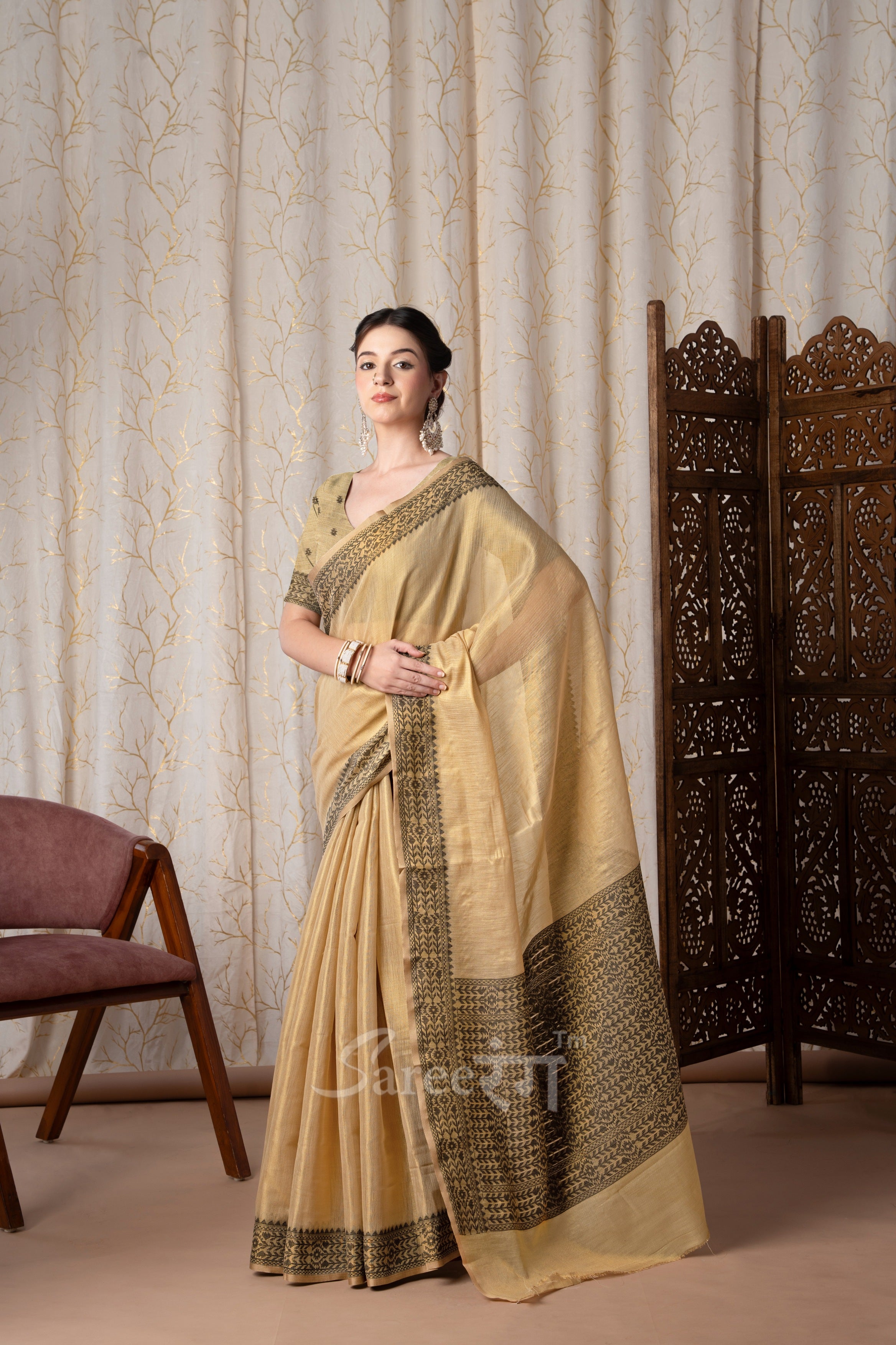 BlackBerry Cream Pure Linen Tissue Silk Woven Saree