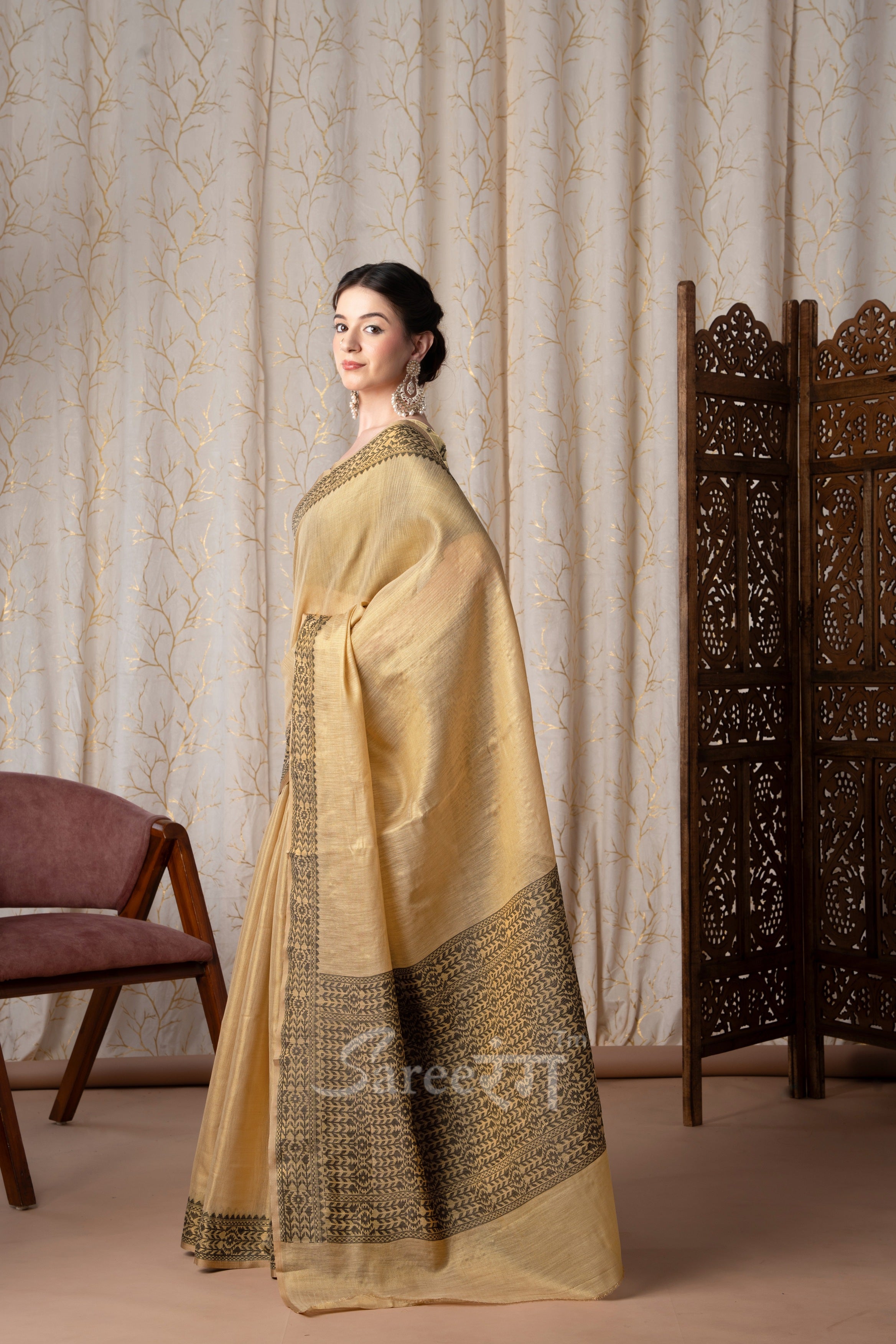 BlackBerry Cream Pure Linen Tissue Silk Woven Saree