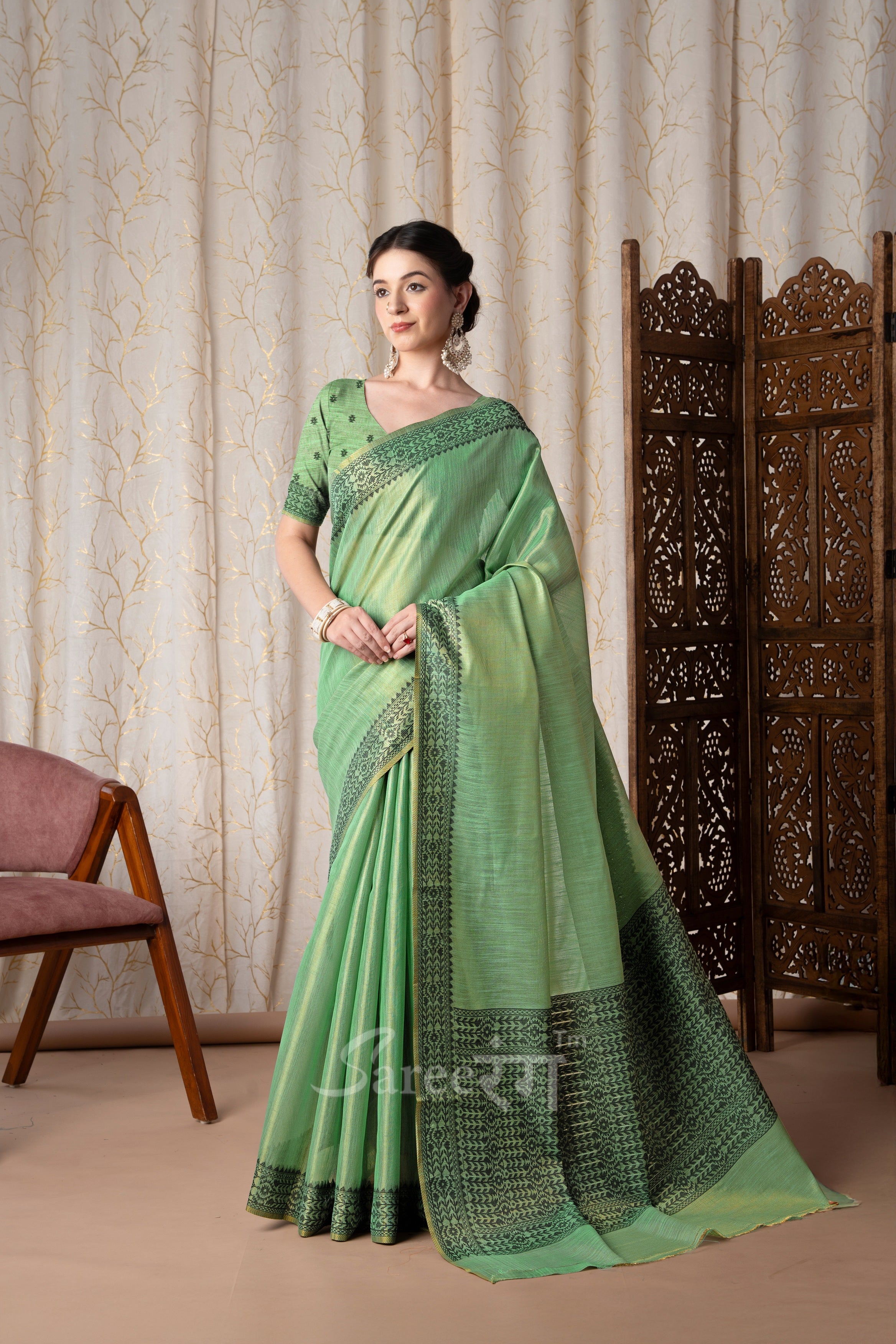 BlackBerry Green Pure Linen Tissue Silk Woven Saree