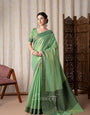 BlackBerry Green Pure Linen Tissue Silk Woven Saree