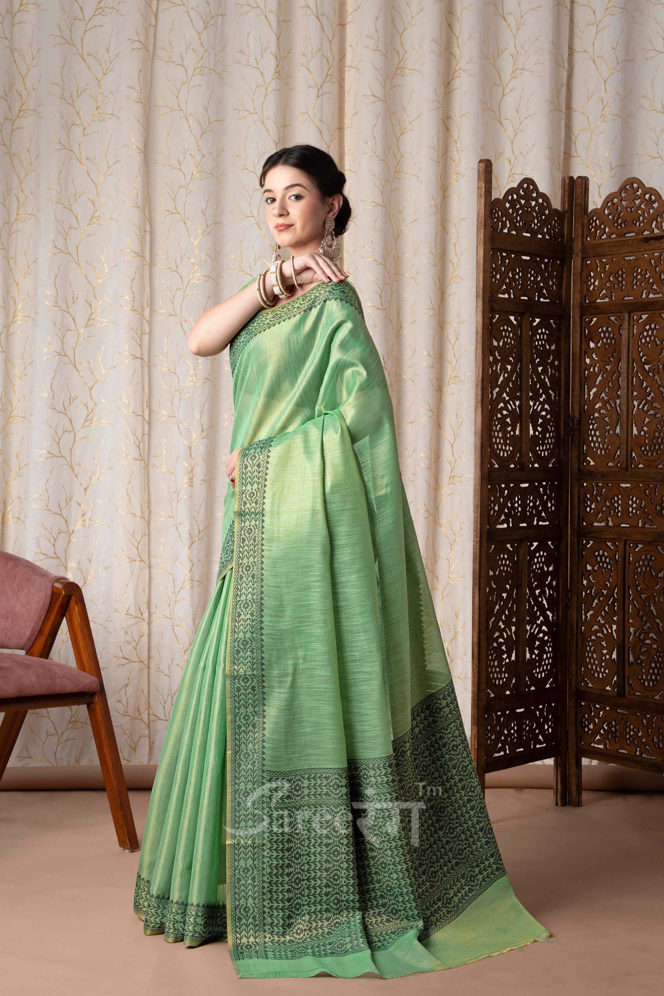 BlackBerry Green Pure Linen Tissue Silk Woven Saree