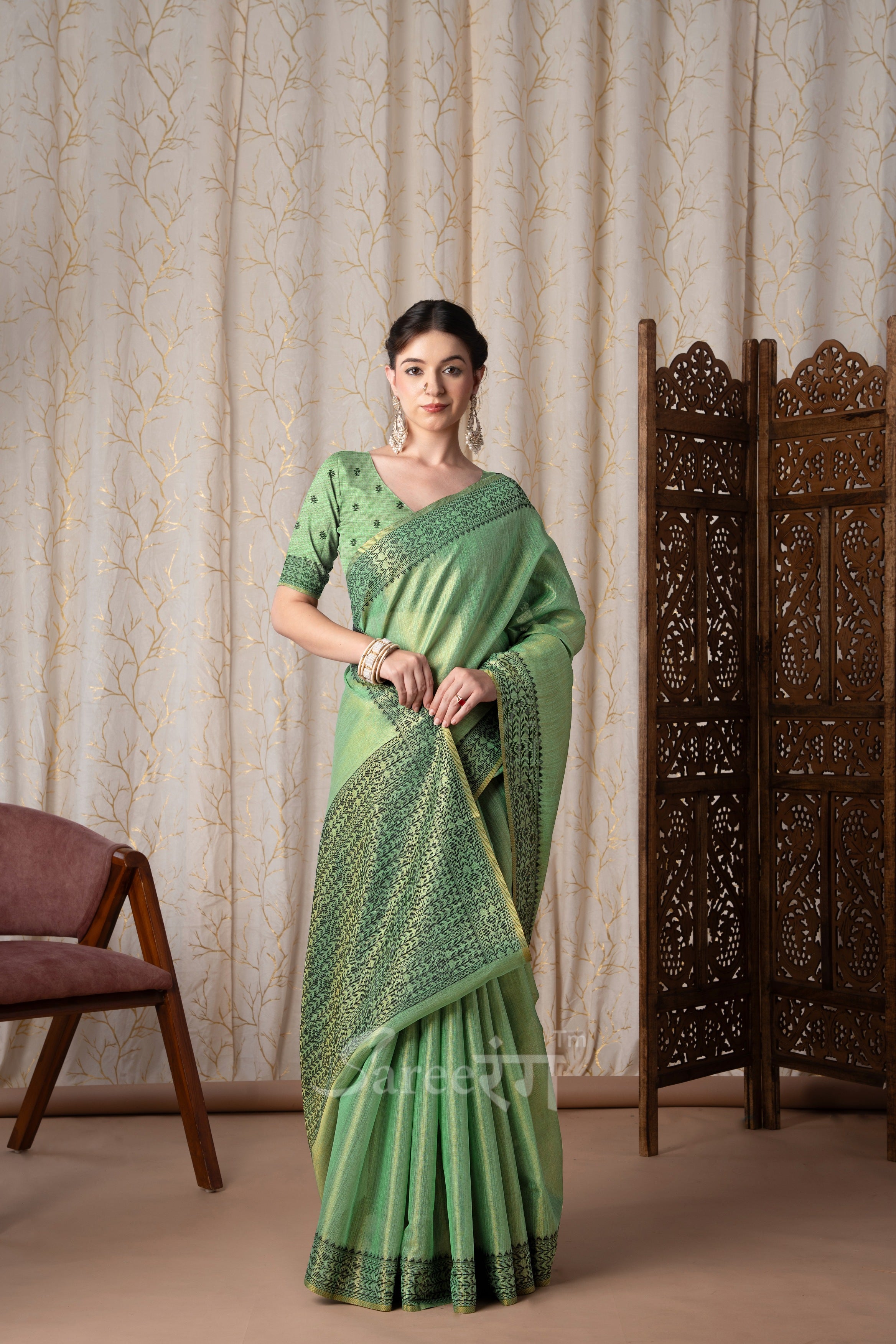 BlackBerry Green Pure Linen Tissue Silk Woven Saree