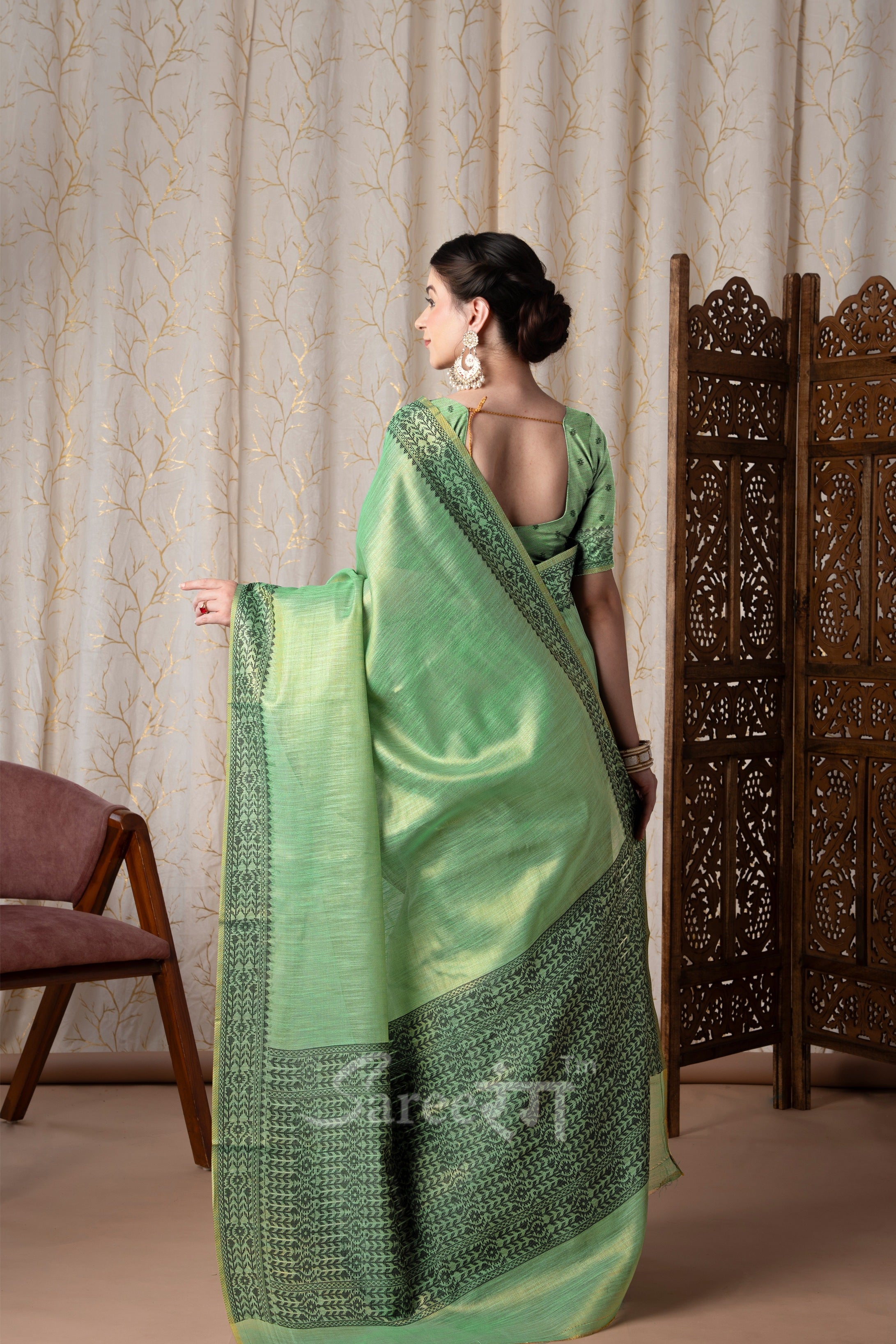 BlackBerry Green Pure Linen Tissue Silk Woven Saree