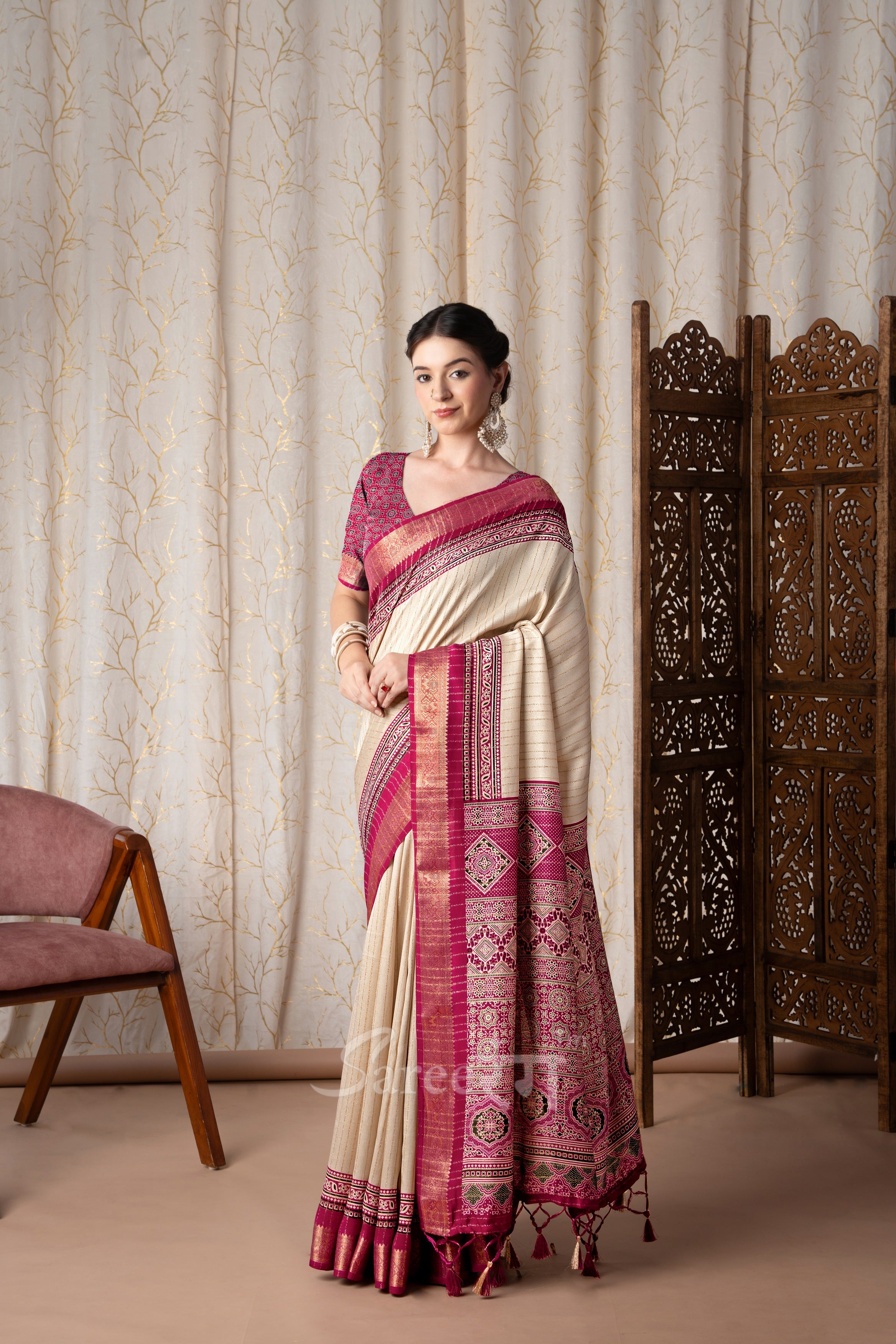Jalpari Rani And Cream Pashmina Modal Silk Ajrakh Printed Saree