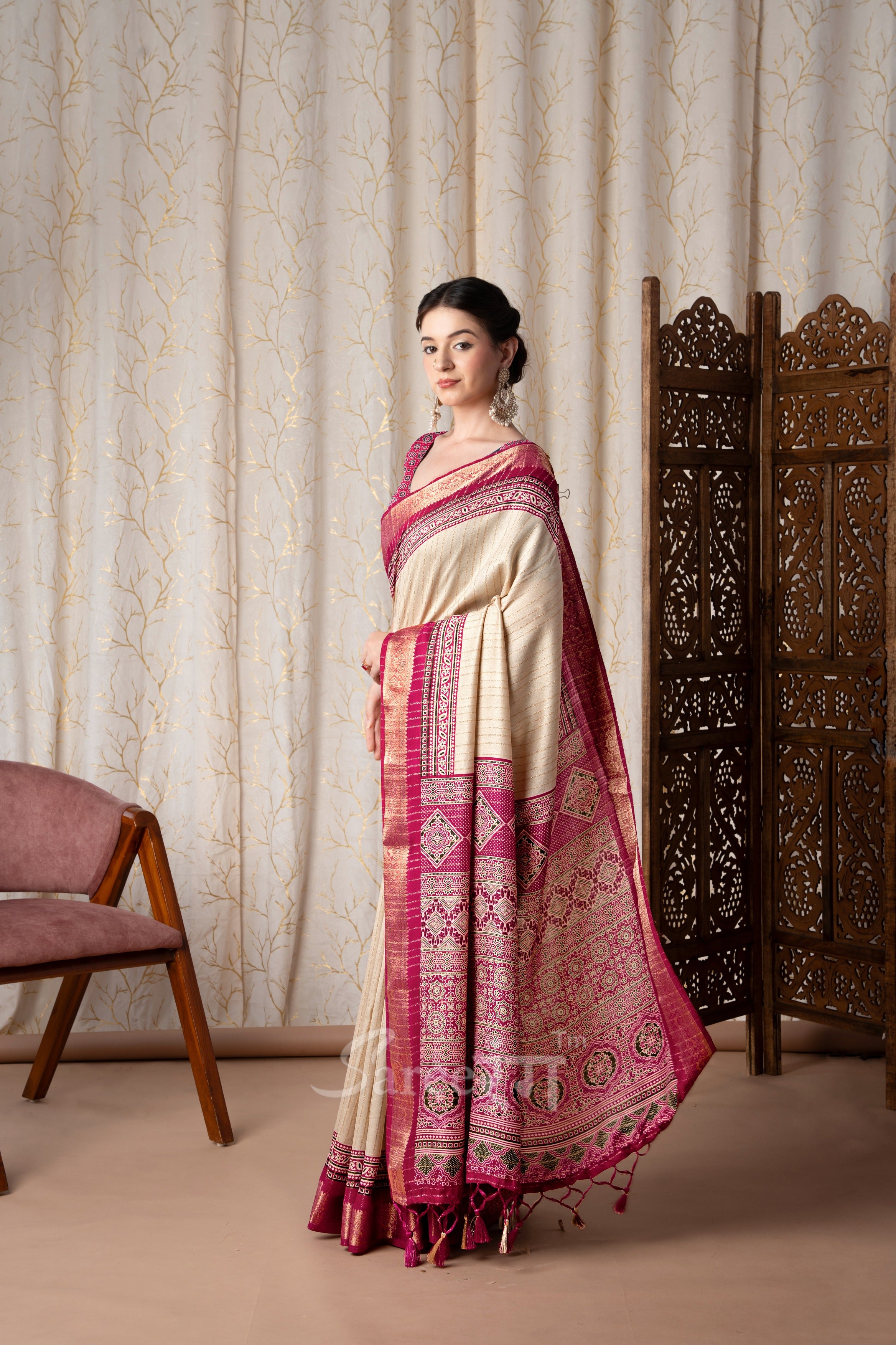 Jalpari Rani And Cream Pashmina Modal Silk Ajrakh Printed Saree