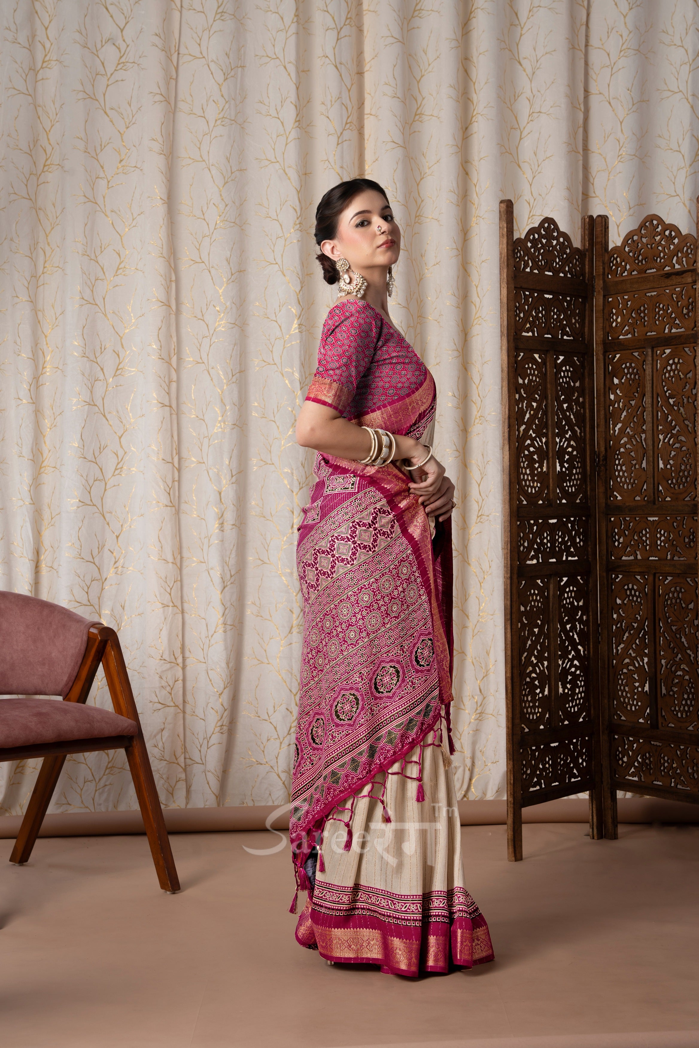 Jalpari Rani And Cream Pashmina Modal Silk Ajrakh Printed Saree