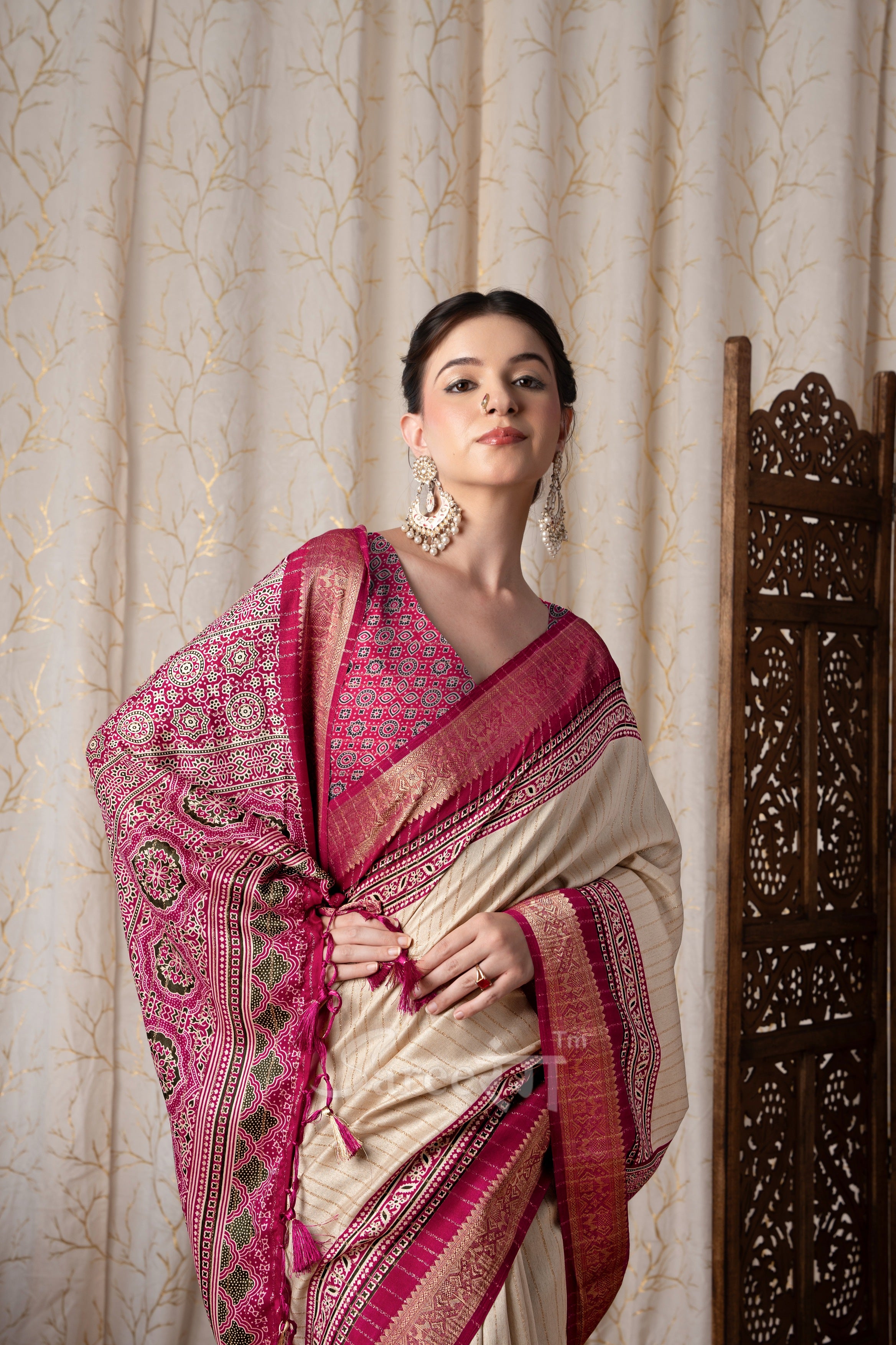 Jalpari Rani And Cream Pashmina Modal Silk Ajrakh Printed Saree