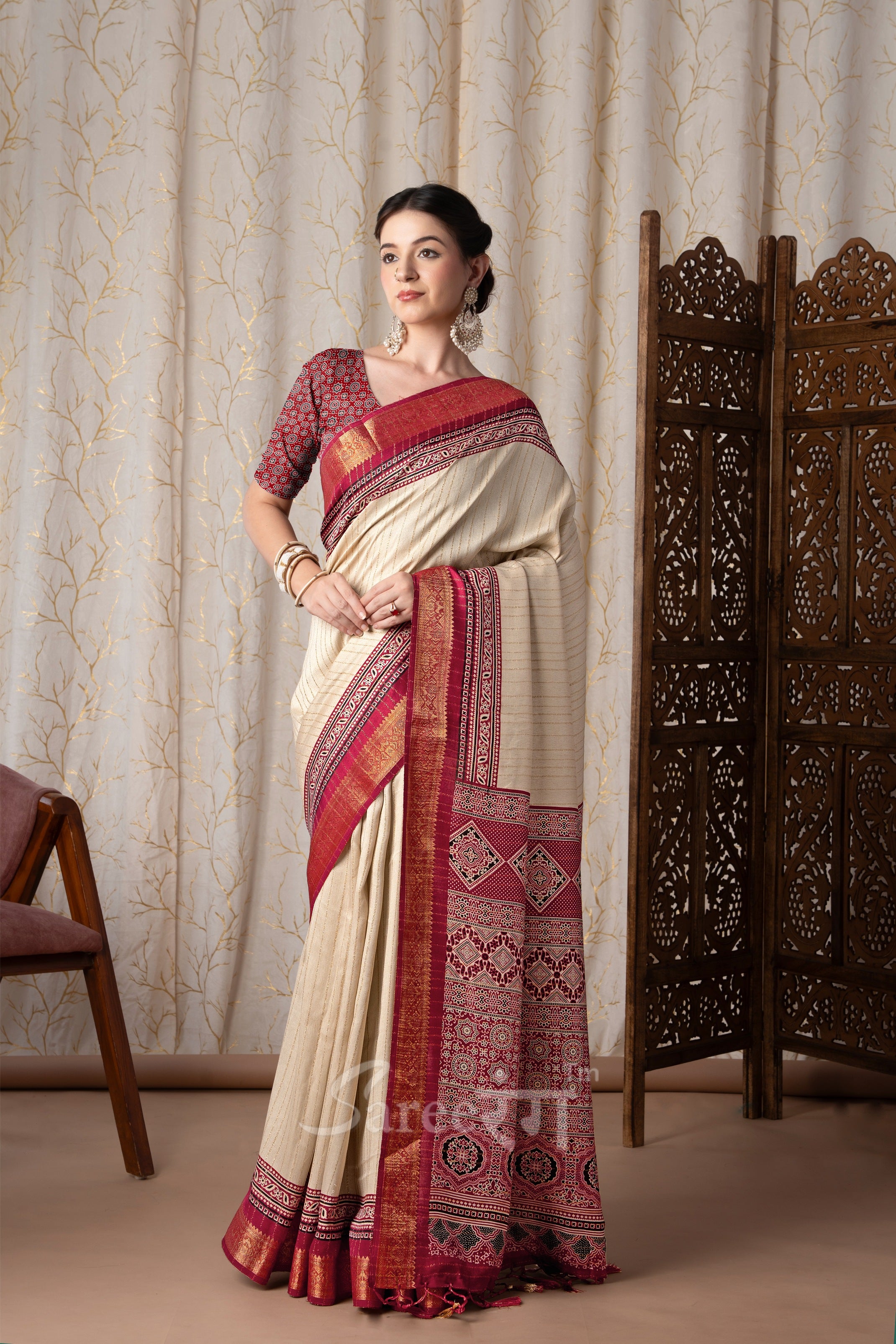 Jalpari Maroon And Cream Pashmina Modal Silk Ajrakh Printed Saree