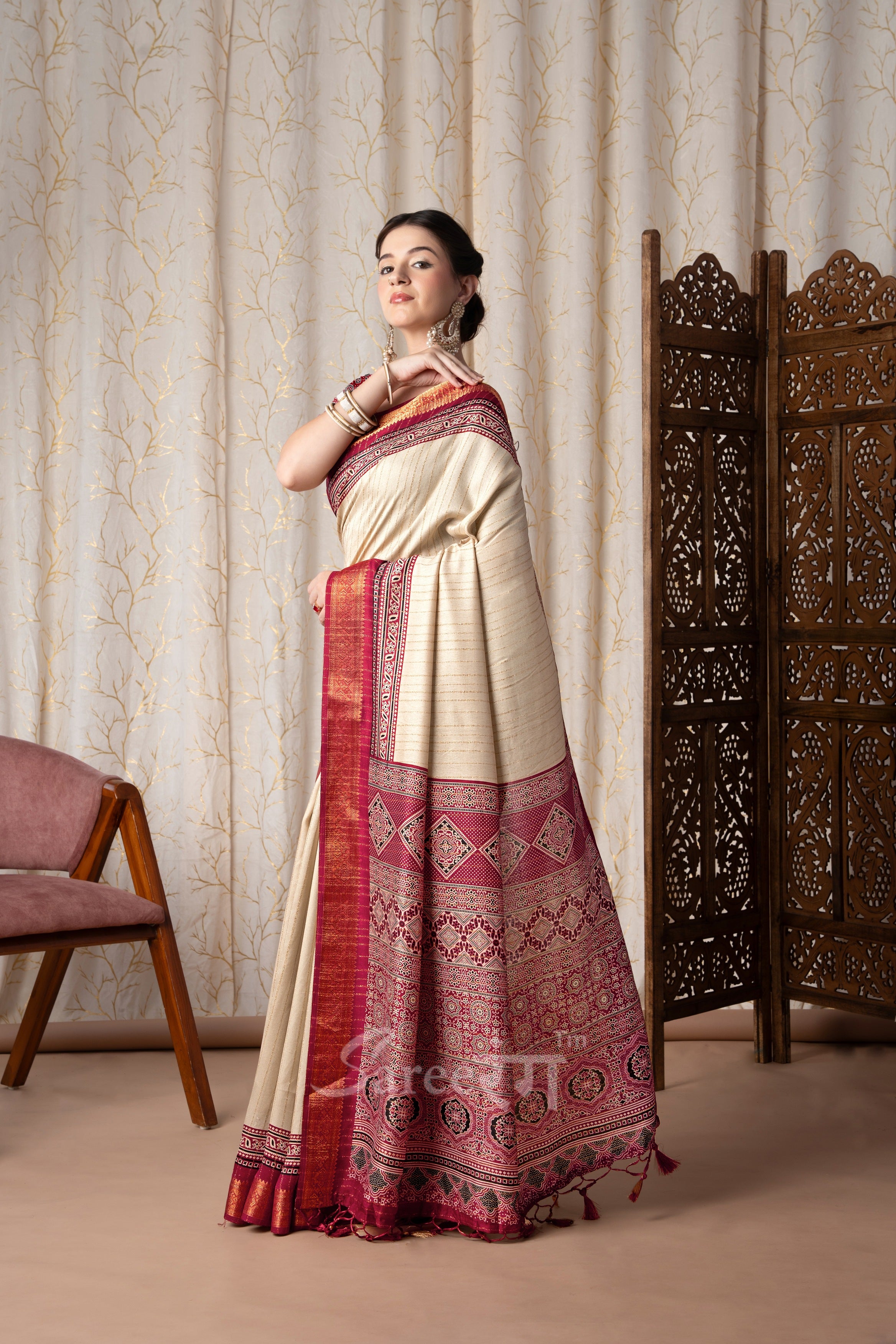 Jalpari Maroon And Cream Pashmina Modal Silk Ajrakh Printed Saree