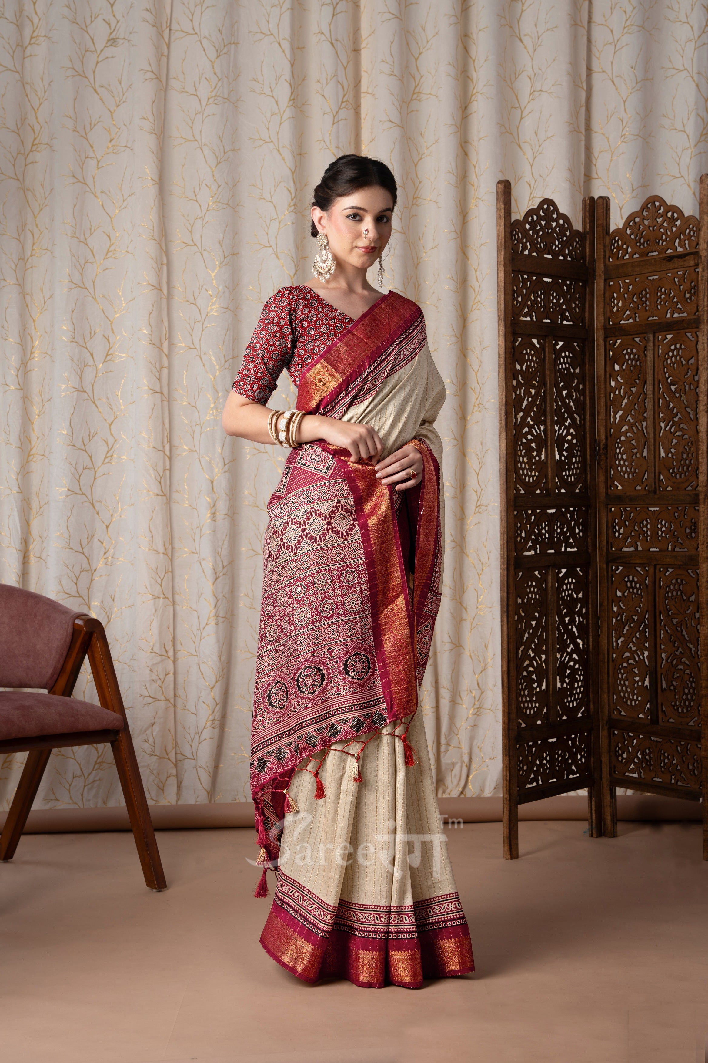 Jalpari Maroon And Cream Pashmina Modal Silk Ajrakh Printed Saree