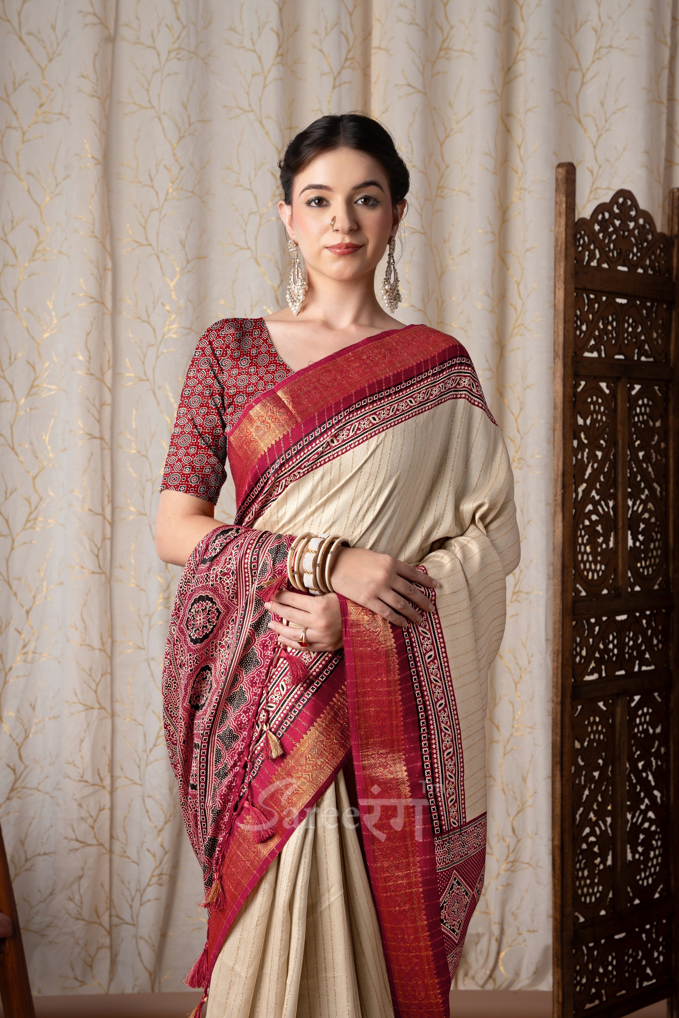 Jalpari Maroon And Cream Pashmina Modal Silk Ajrakh Printed Saree