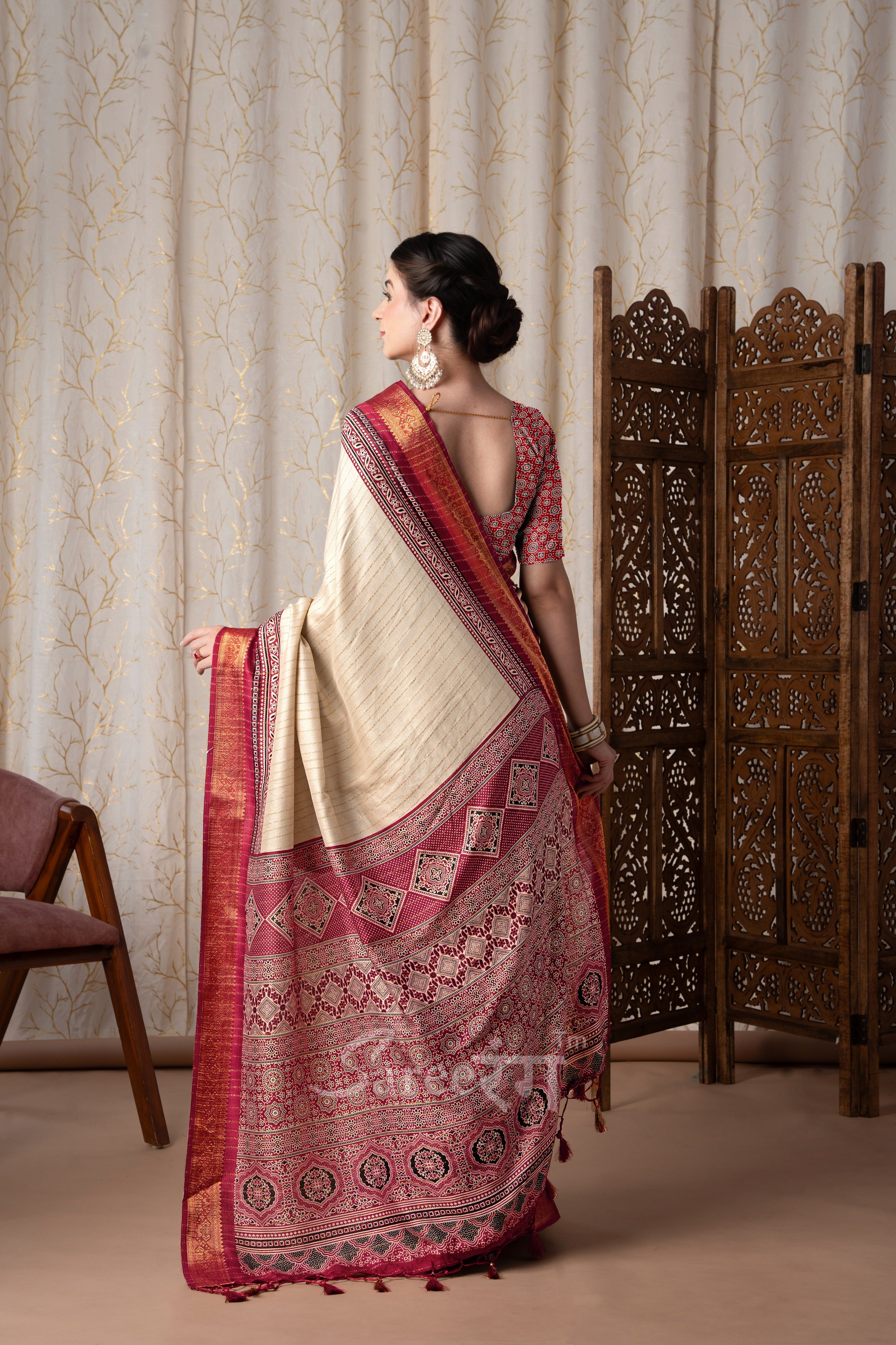 Jalpari Maroon And Cream Pashmina Modal Silk Ajrakh Printed Saree