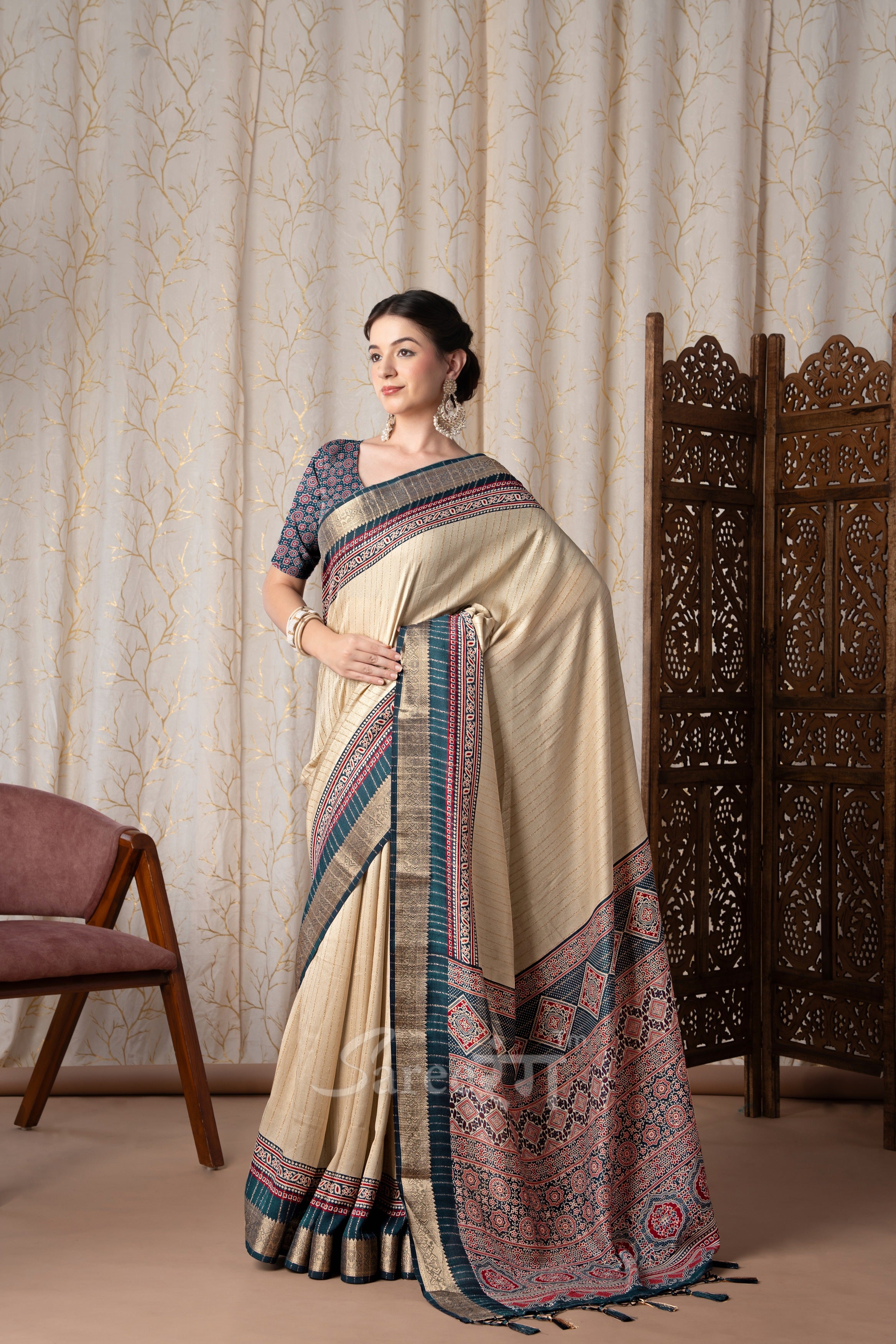 Jalpari Morpich And Cream Pashmina Modal Silk Ajrakh Printed Saree