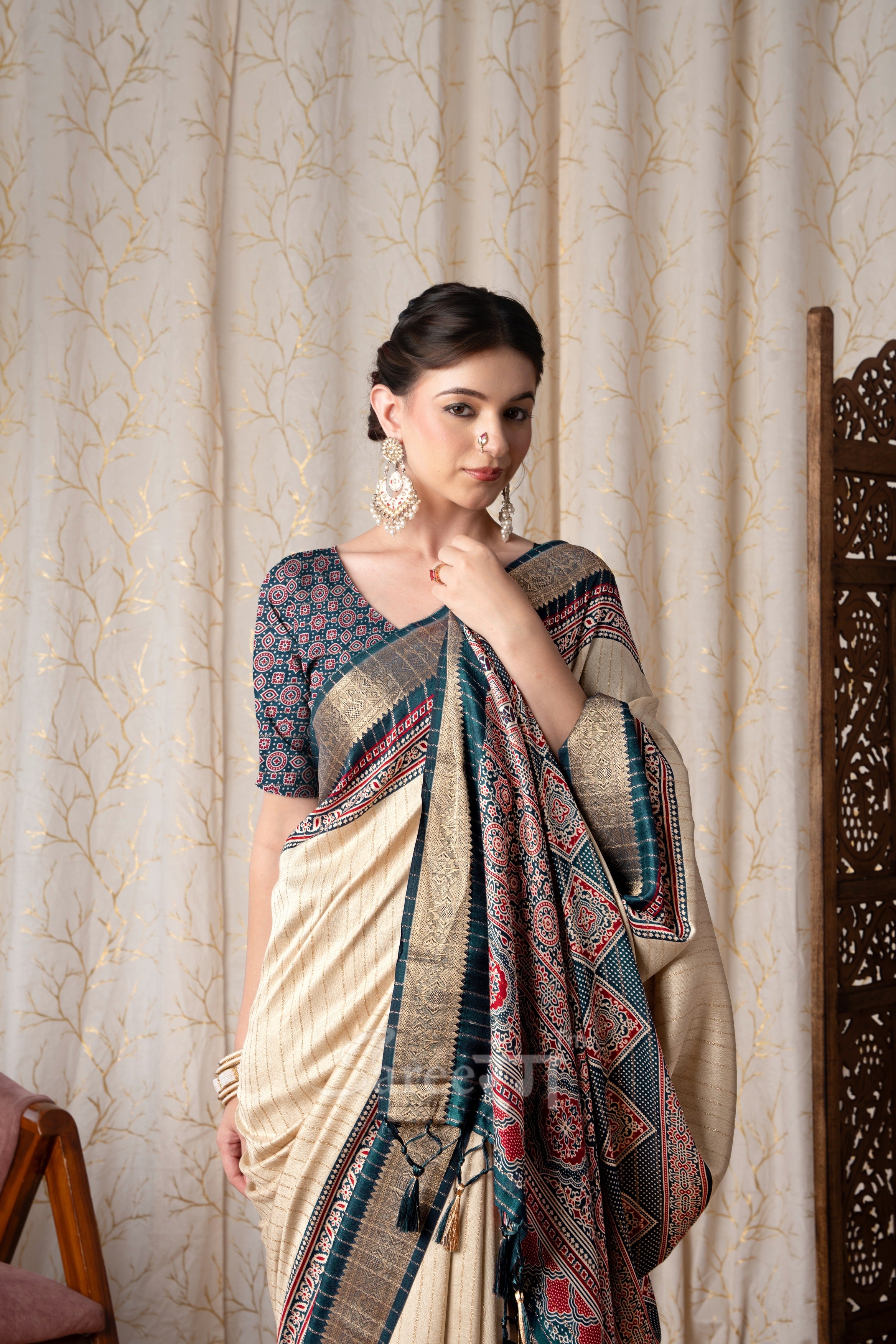 Jalpari Morpich And Cream Pashmina Modal Silk Ajrakh Printed Saree