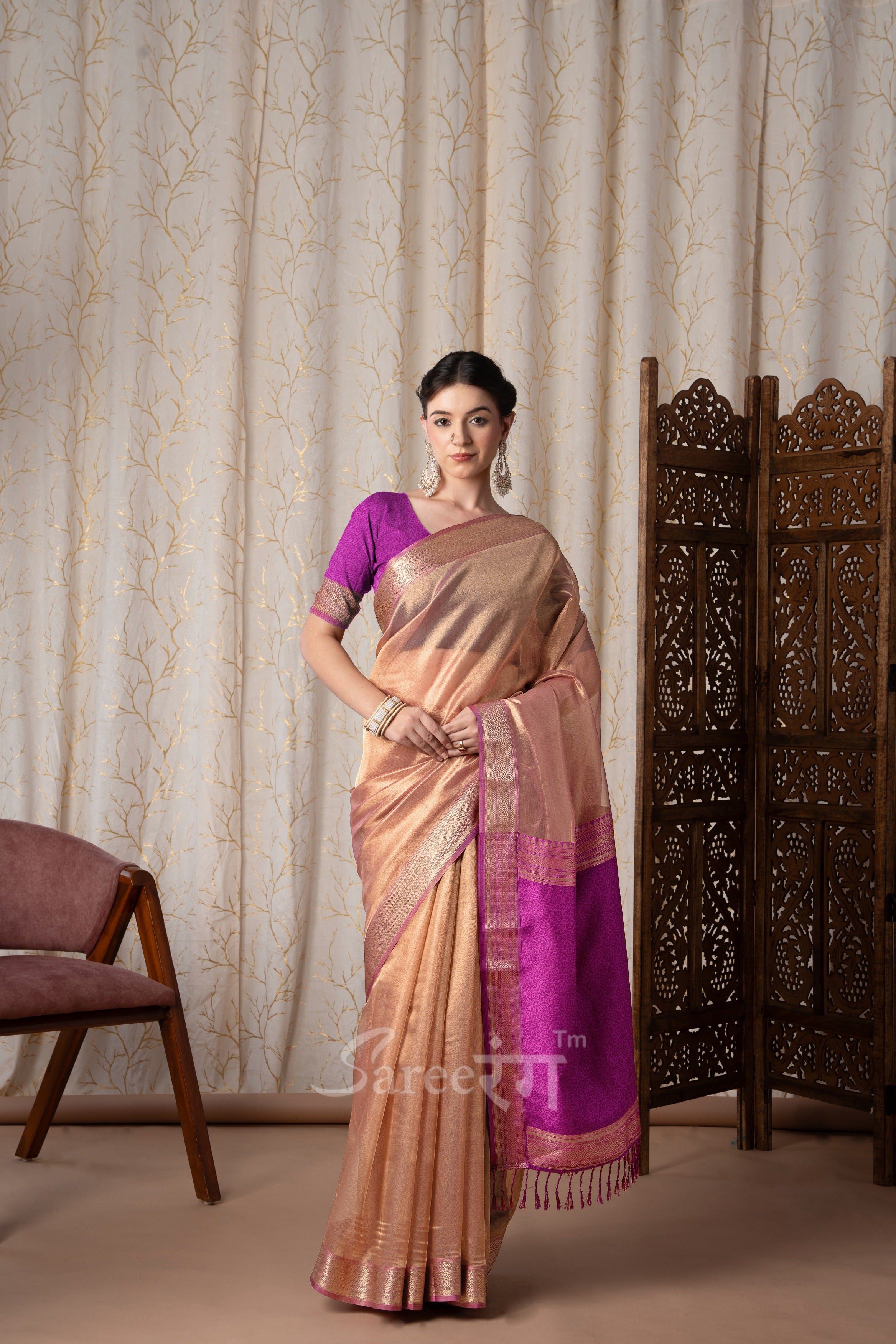 Titan Vintage Pink Pure Tissue Silk Weaving Saree