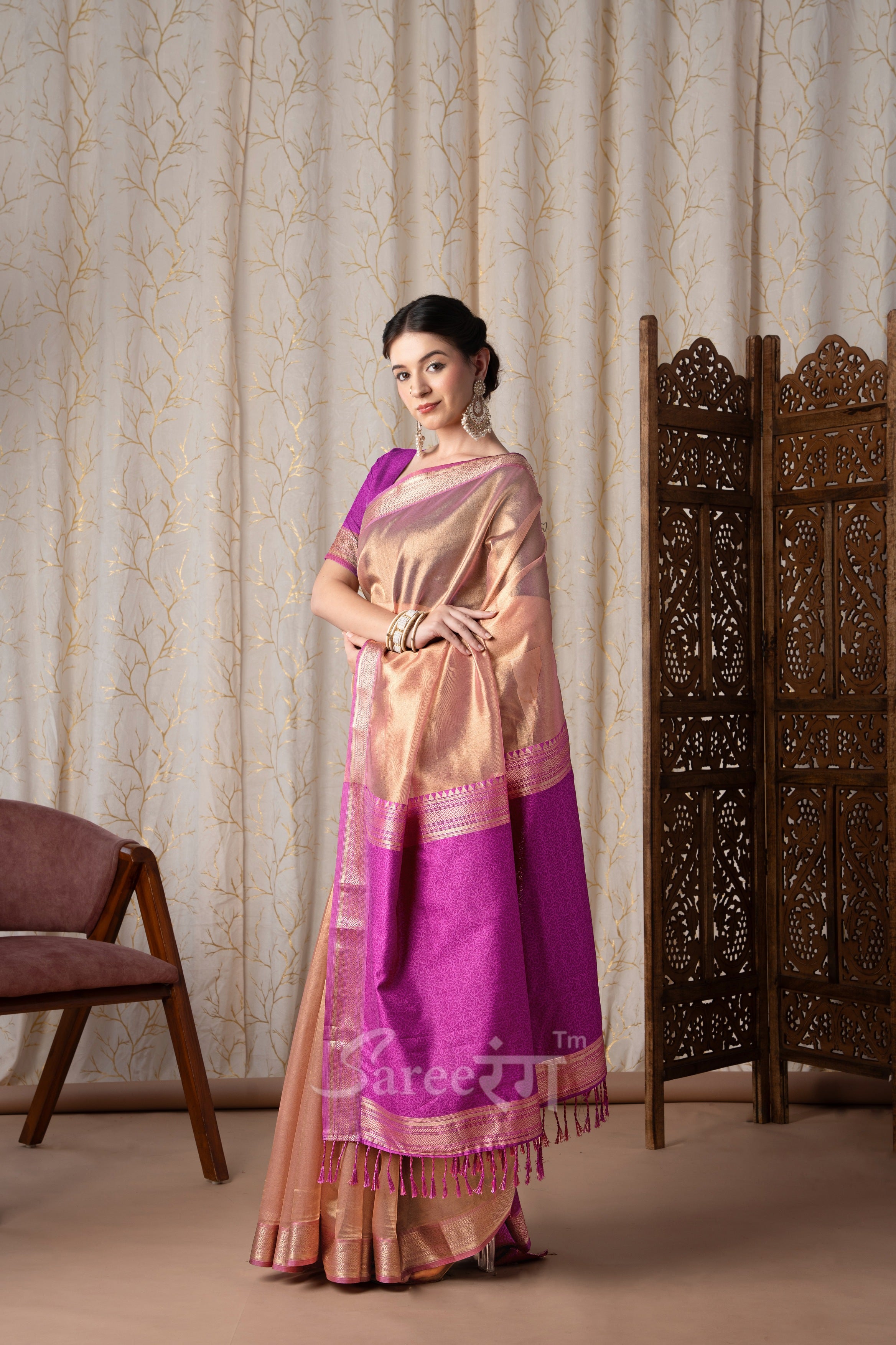 Titan Vintage Pink Pure Tissue Silk Weaving Saree
