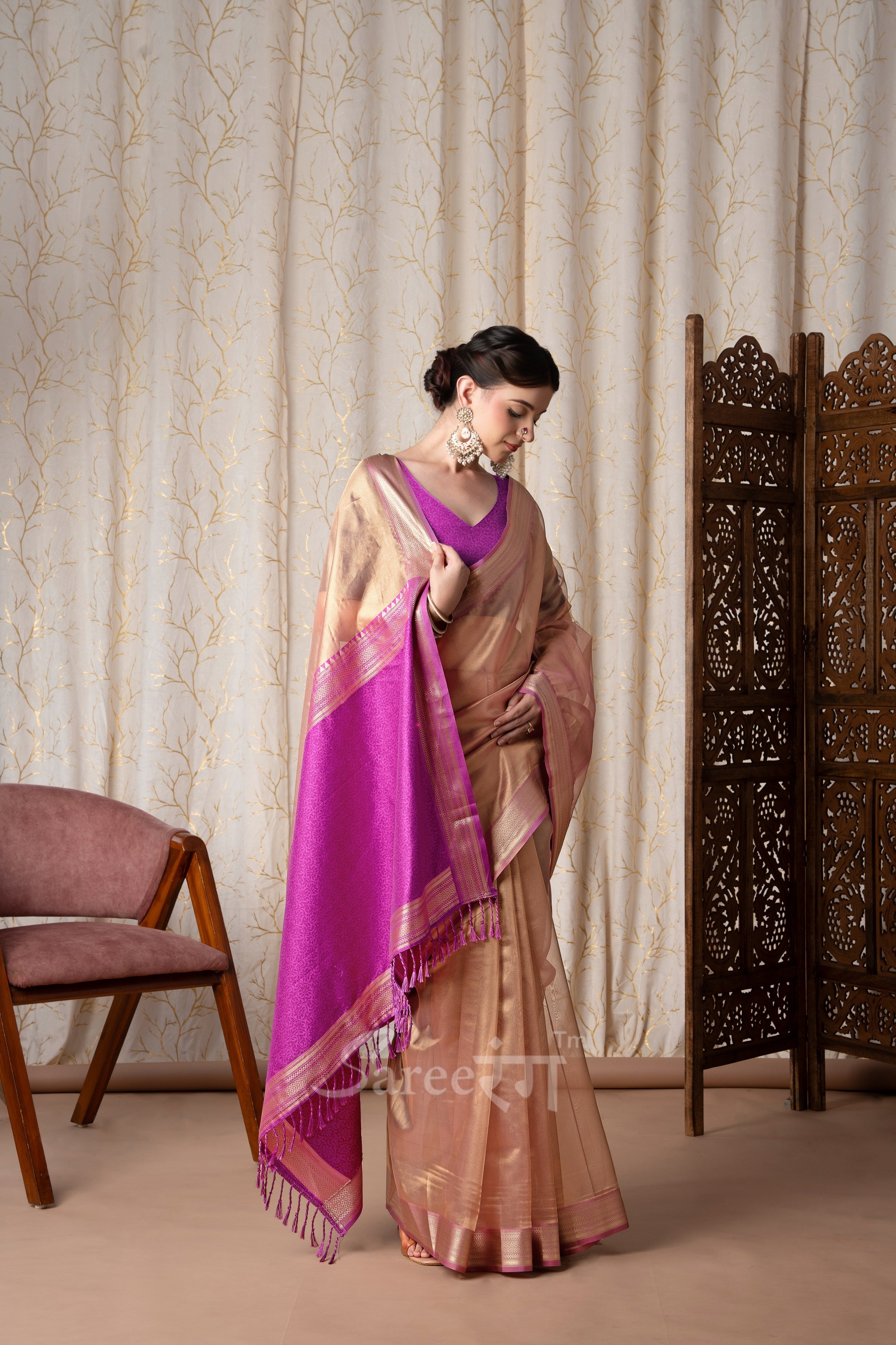 Titan Vintage Pink Pure Tissue Silk Weaving Saree