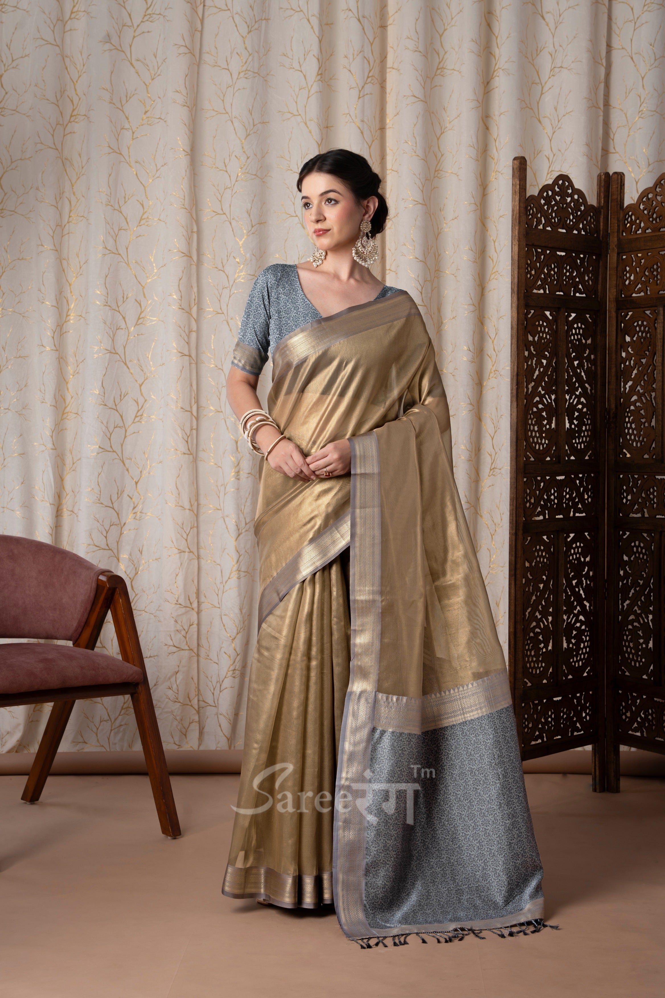 Titan Earth Brown Pure Tissue Silk Weaving Saree