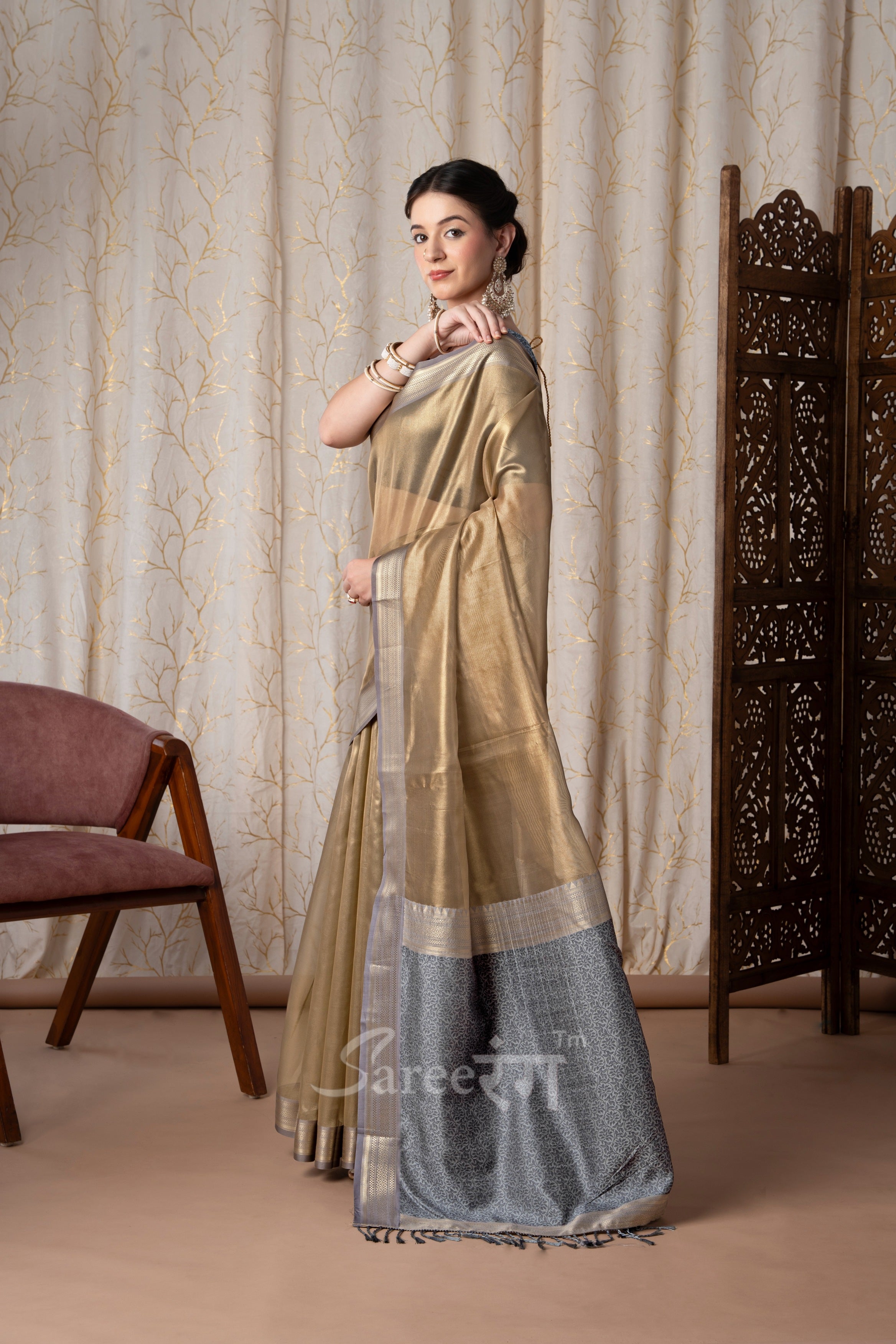 Titan Earth Brown Pure Tissue Silk Weaving Saree