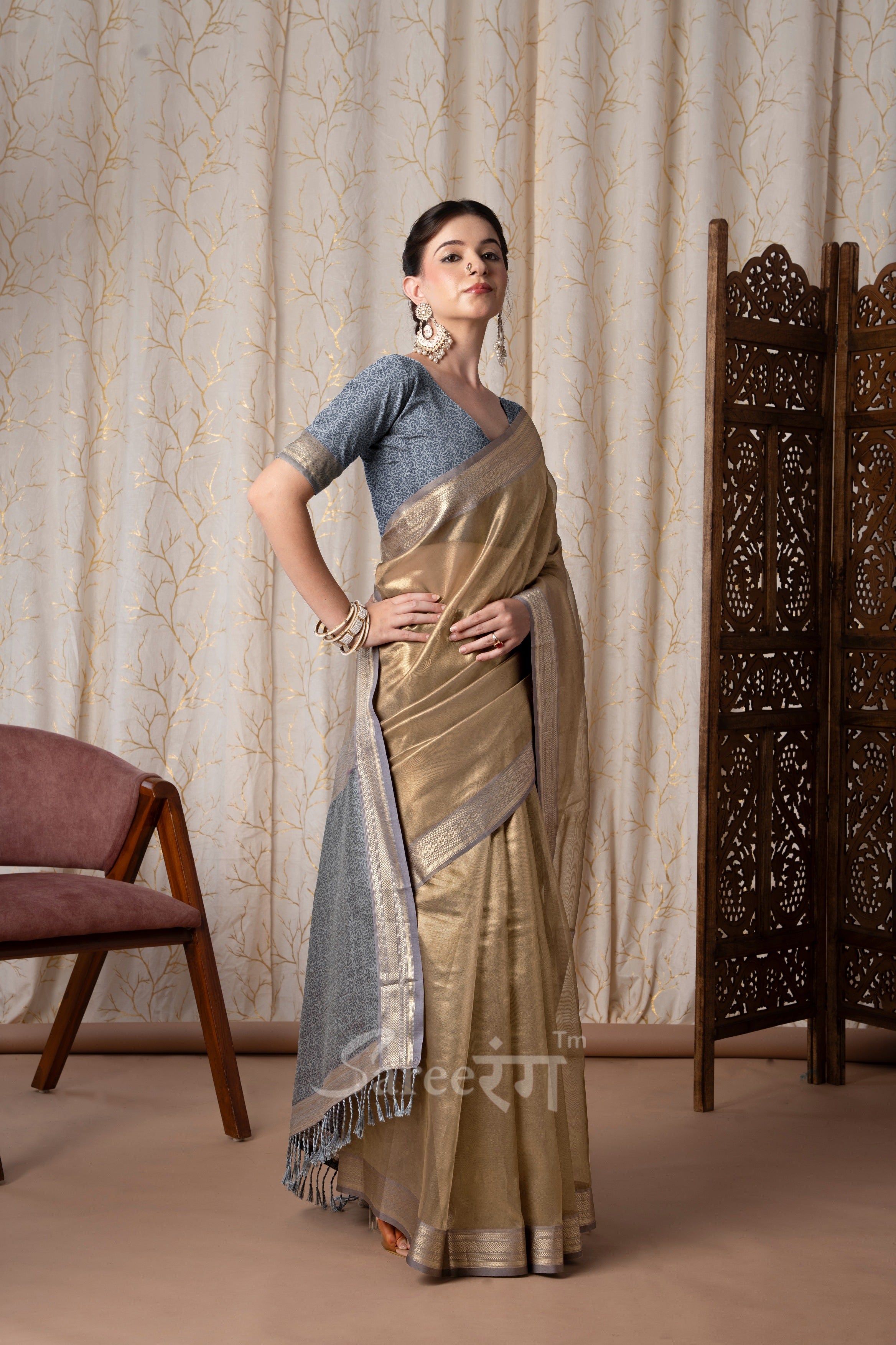 Titan Earth Brown Pure Tissue Silk Weaving Saree