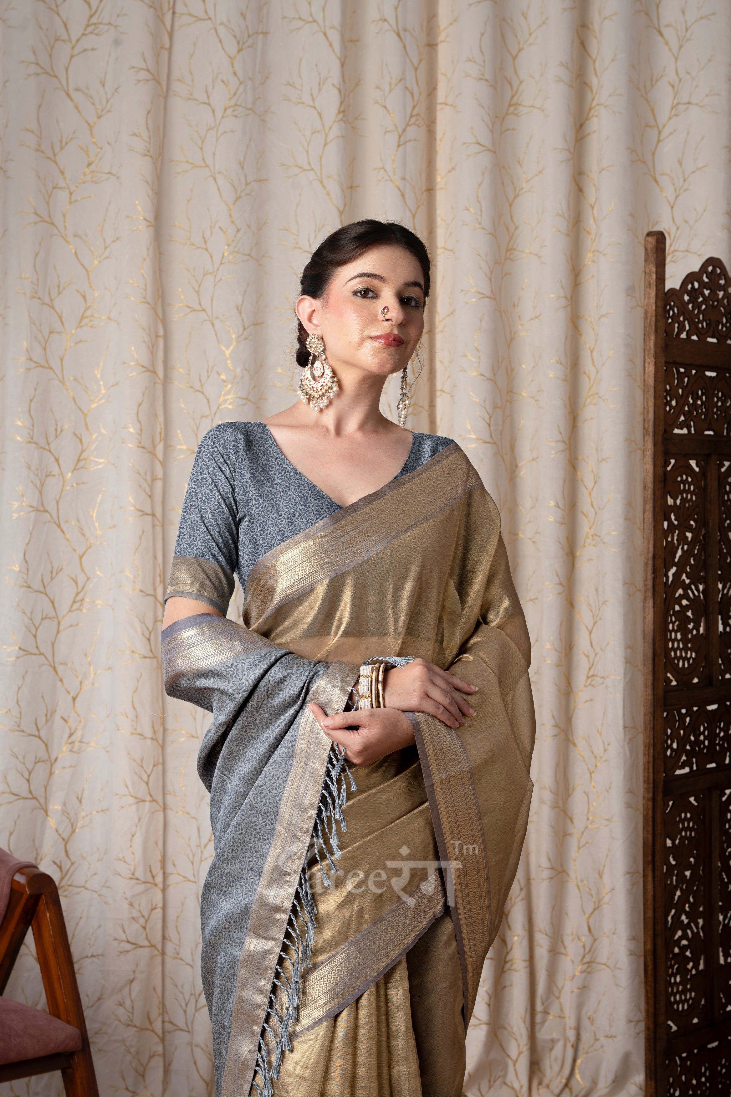 Titan Earth Brown Pure Tissue Silk Weaving Saree