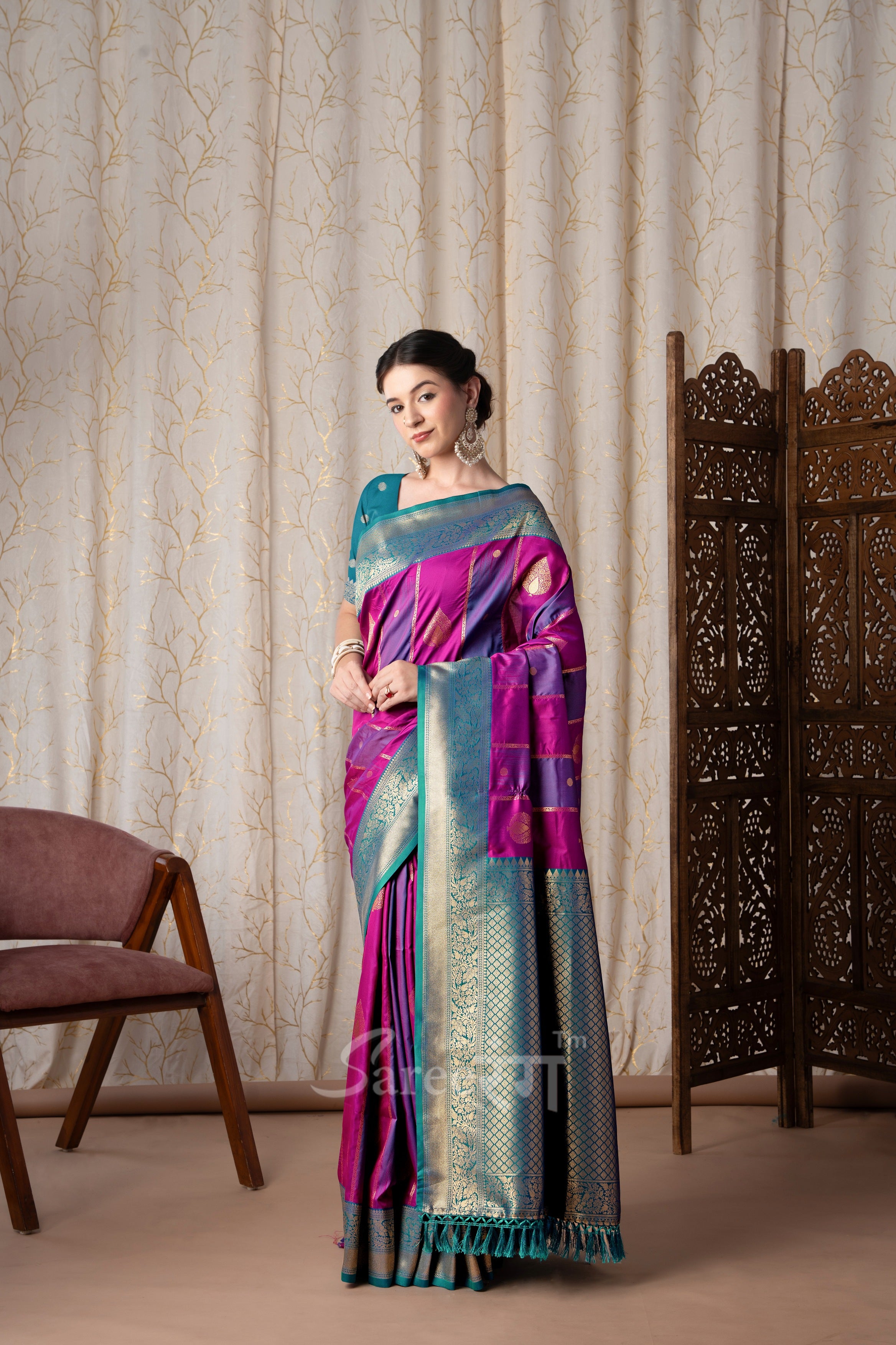 Stripe Purple And Rani Banarasi Soft Silk Zari Weaving Saree